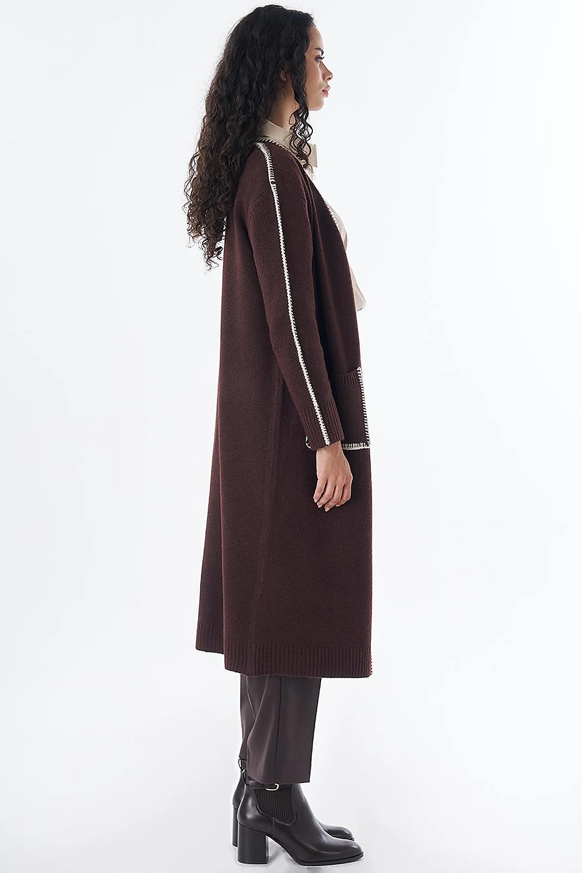 Contrast Stitch Knit Cardigan - Brown