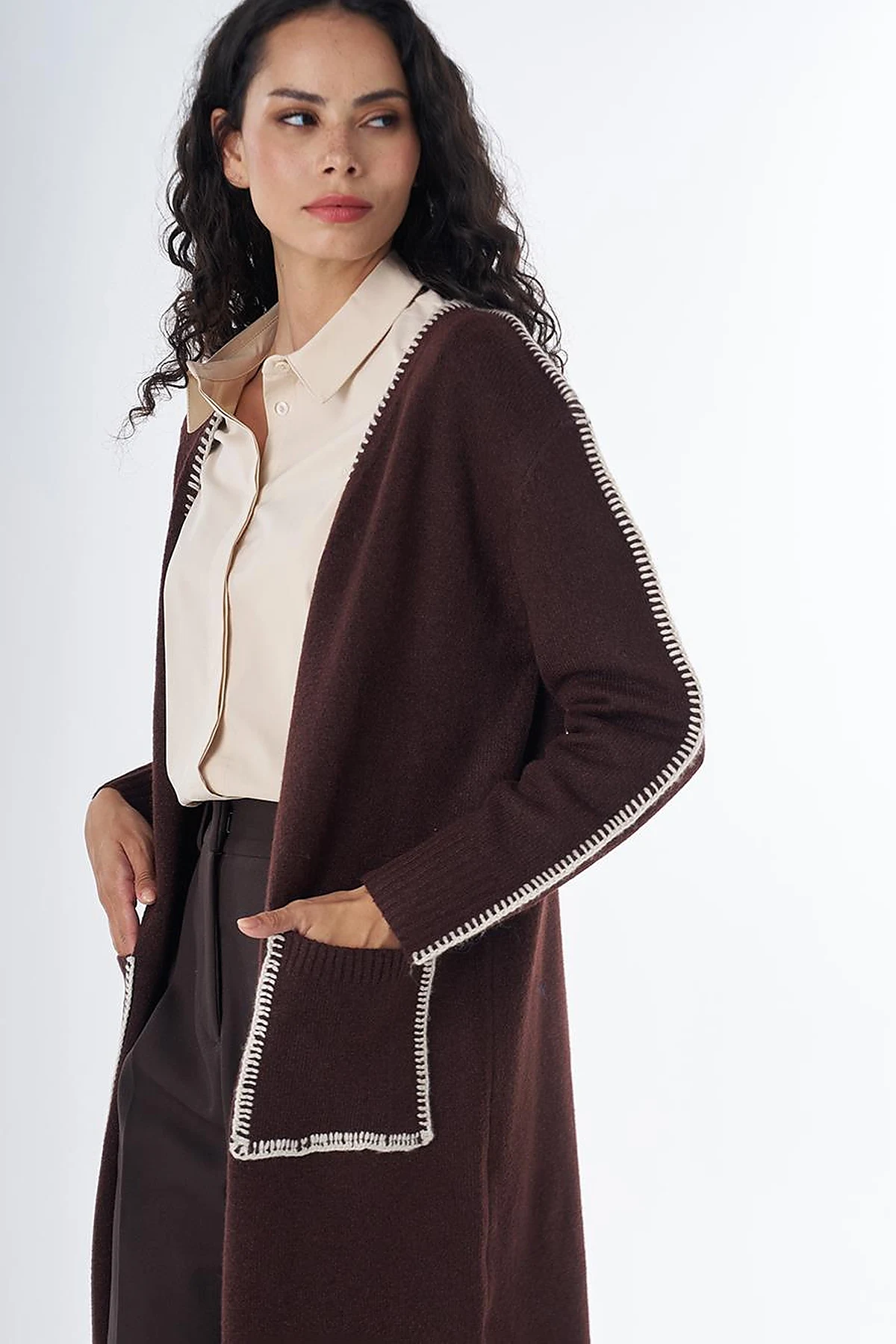 Contrast Stitch Knit Cardigan - Brown