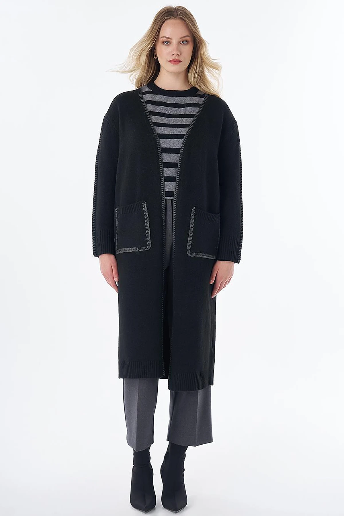 Contrast Stitch Knit Cardigan - Black