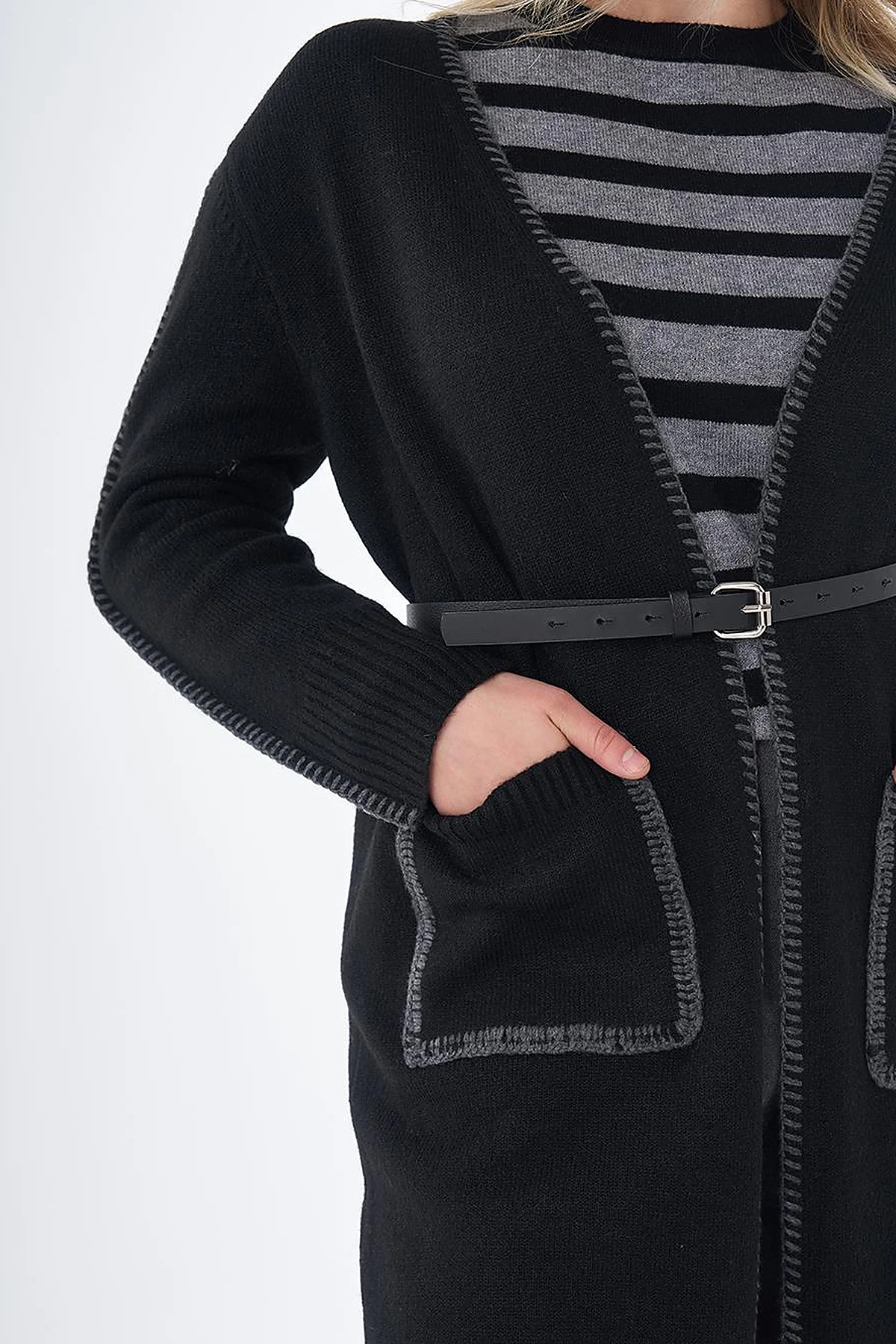 Contrast Stitch Knit Cardigan - Black