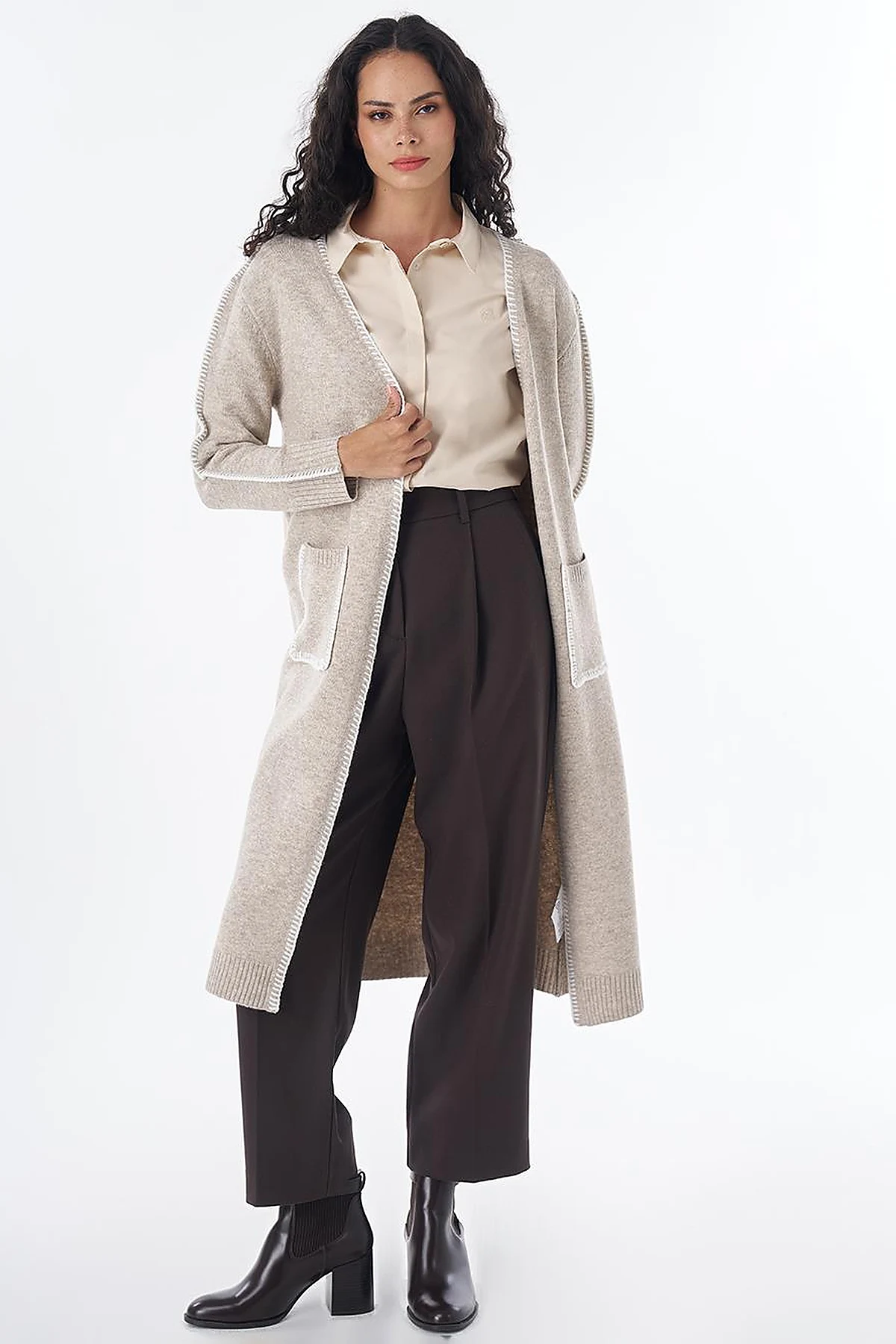 Contrast Stitch Knit Cardigan - Stone