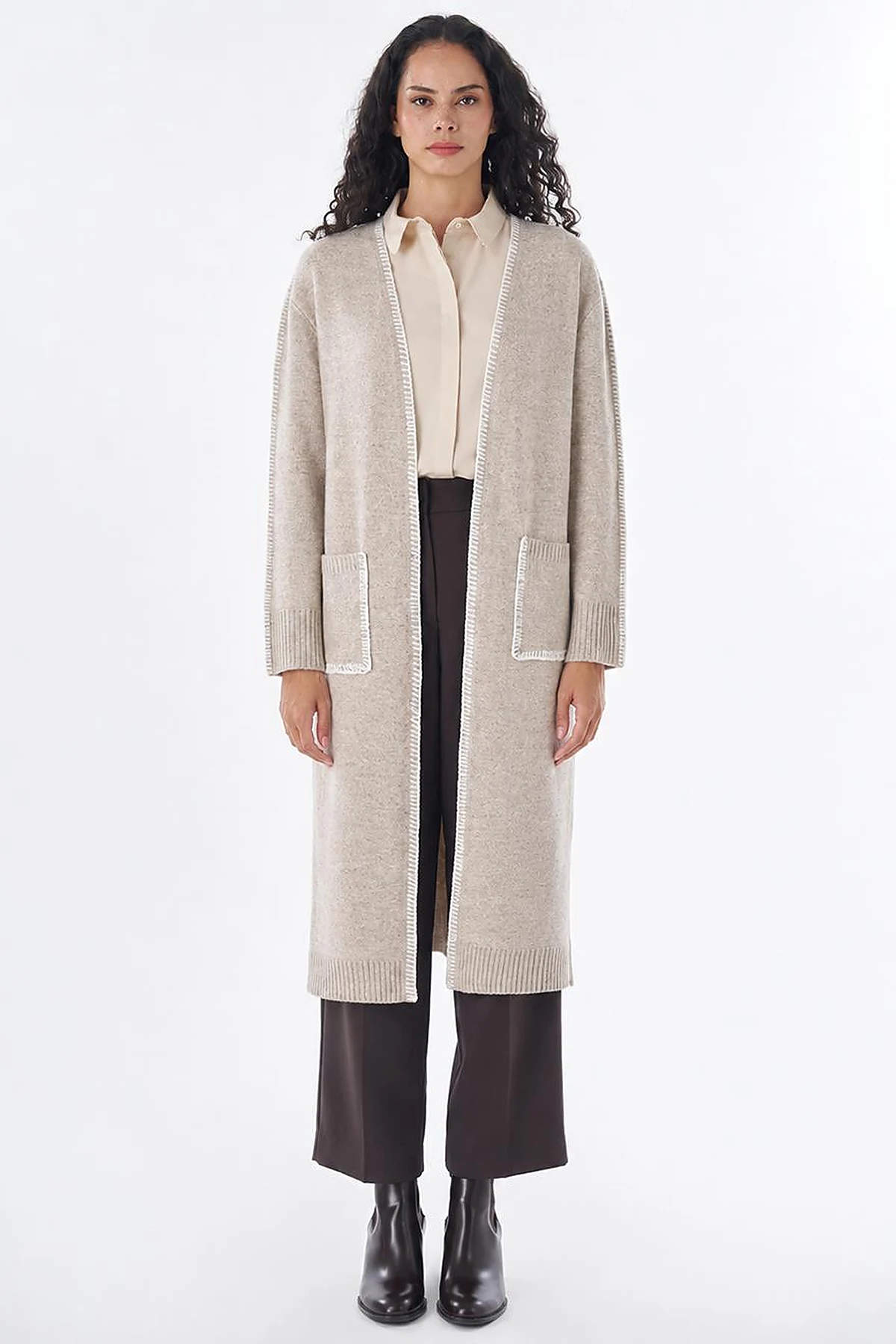 Contrast Stitch Knit Cardigan - Stone