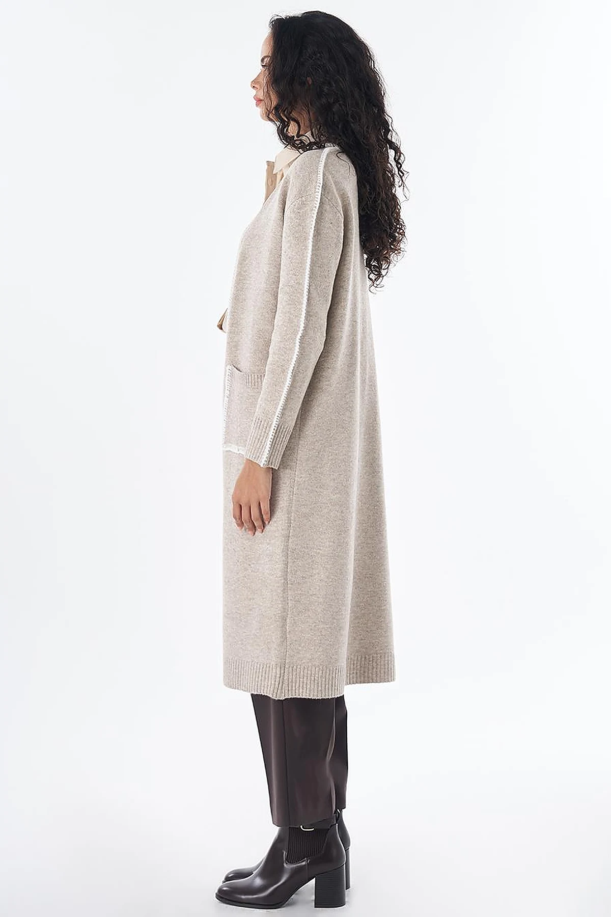 Contrast Stitch Knit Cardigan - Stone