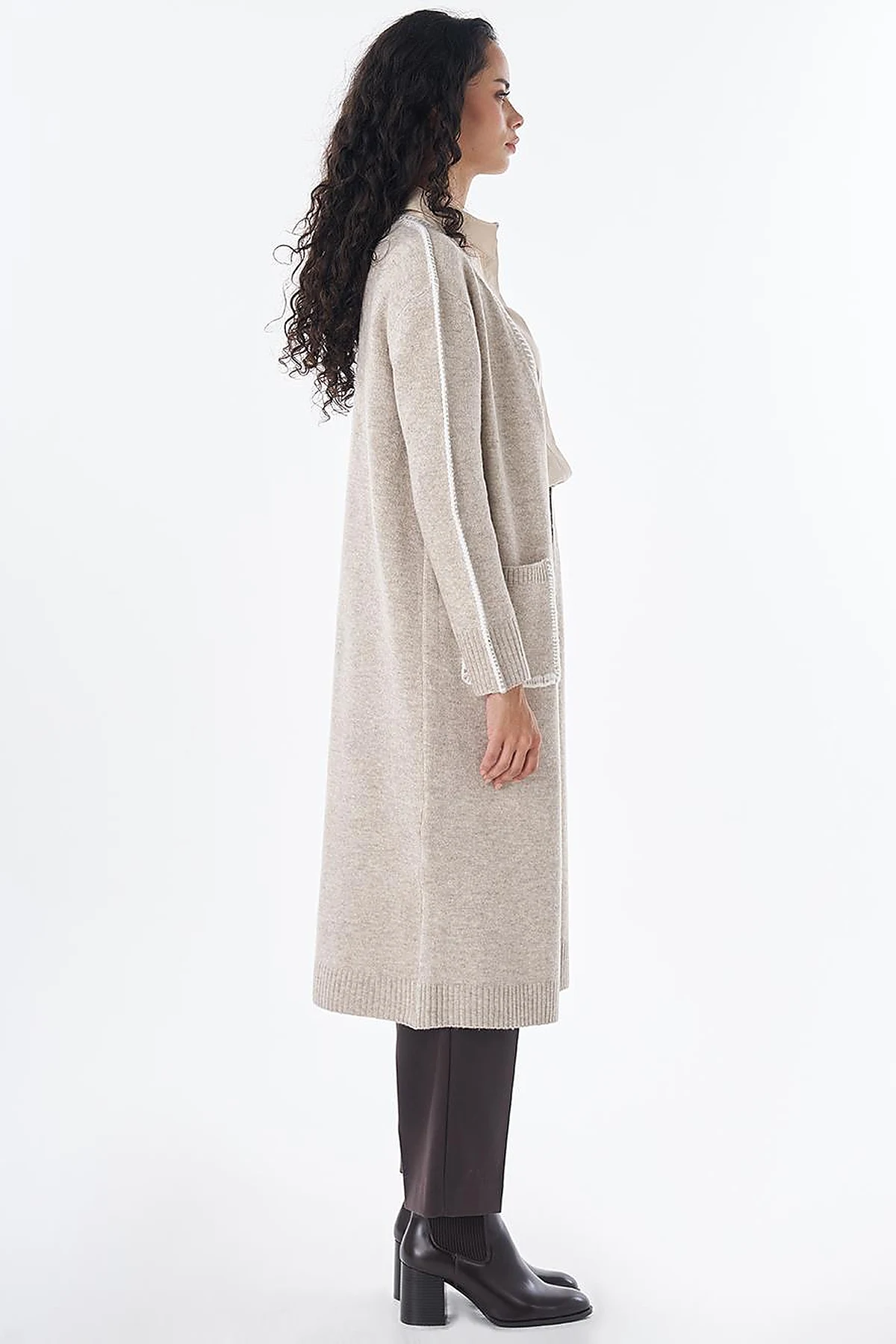Contrast Stitch Knit Cardigan - Stone