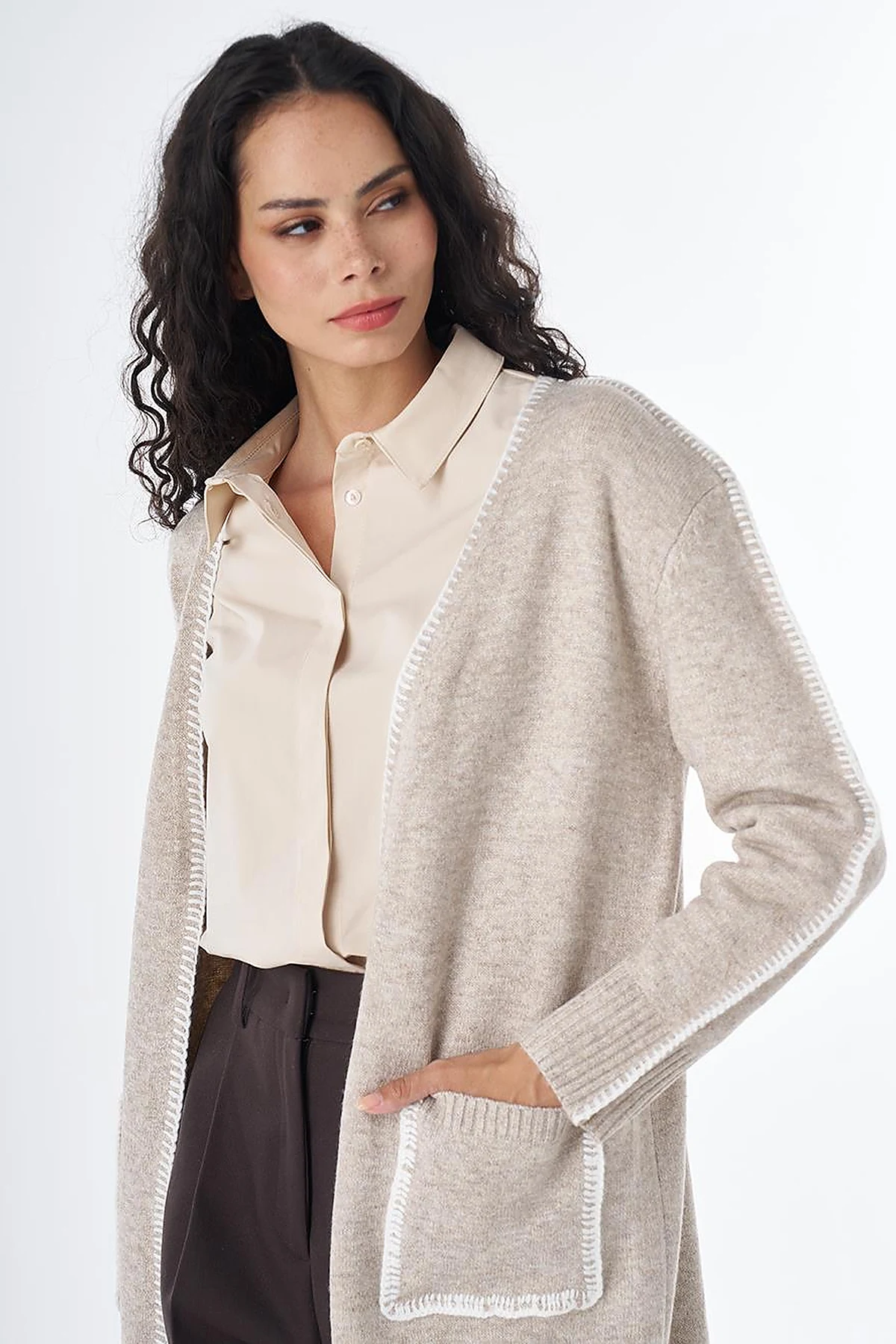 Contrast Stitch Knit Cardigan - Stone