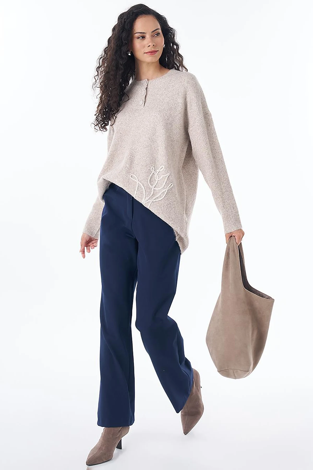 Tulip Embroidered Knit Tunic Stone
