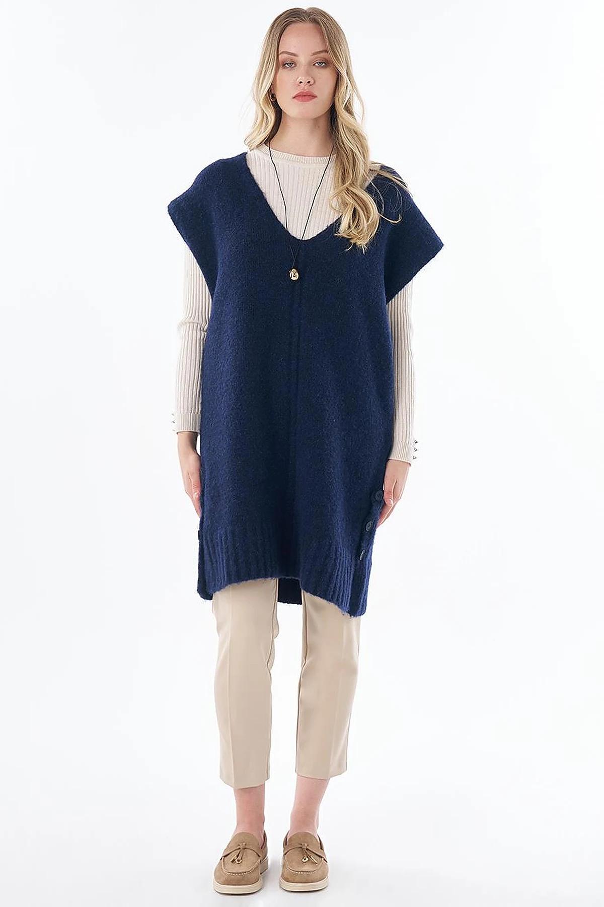 Button-Detail Knit Vest Dark Navy