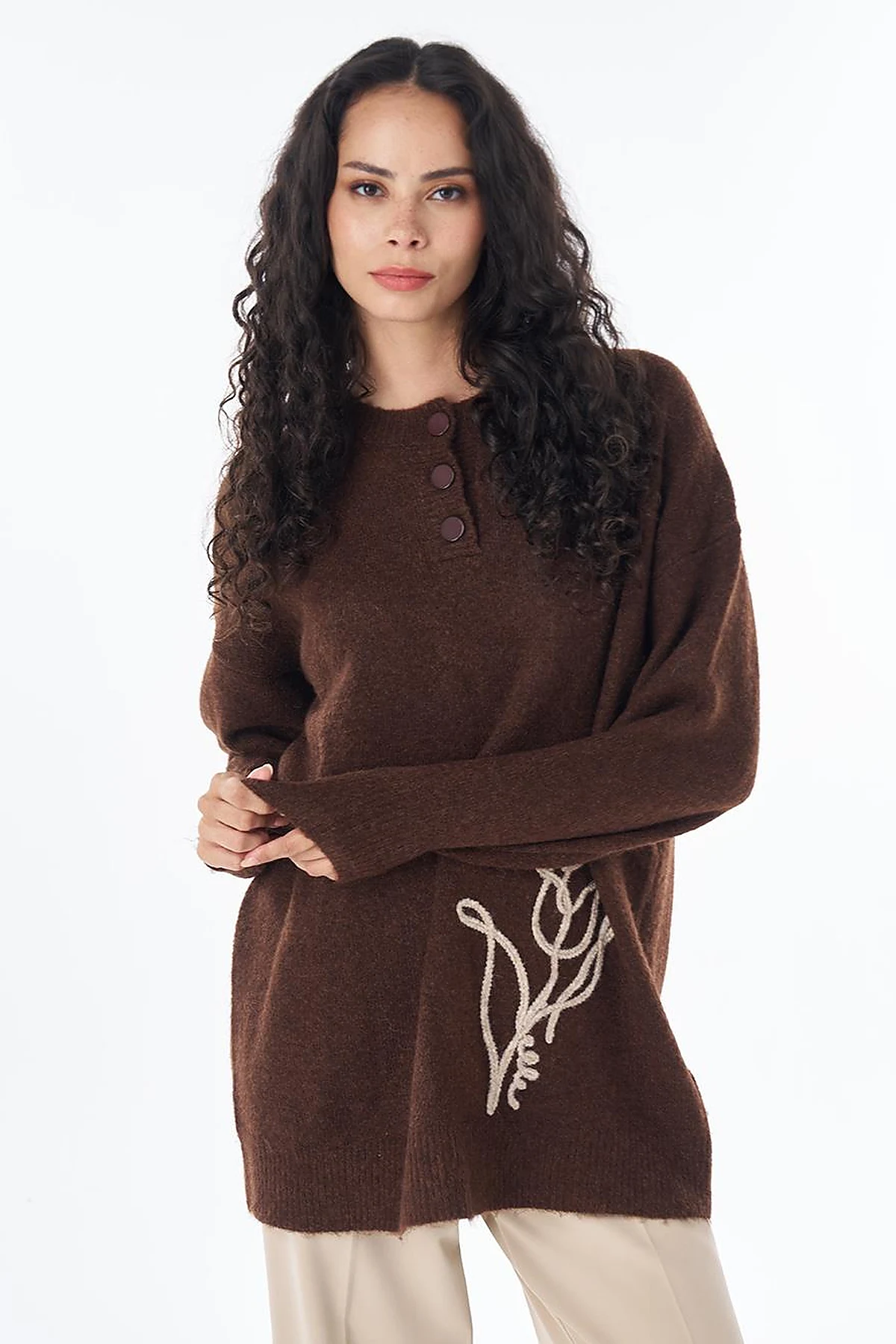 Tulip Embroidered Knit Tunic Dark Brown