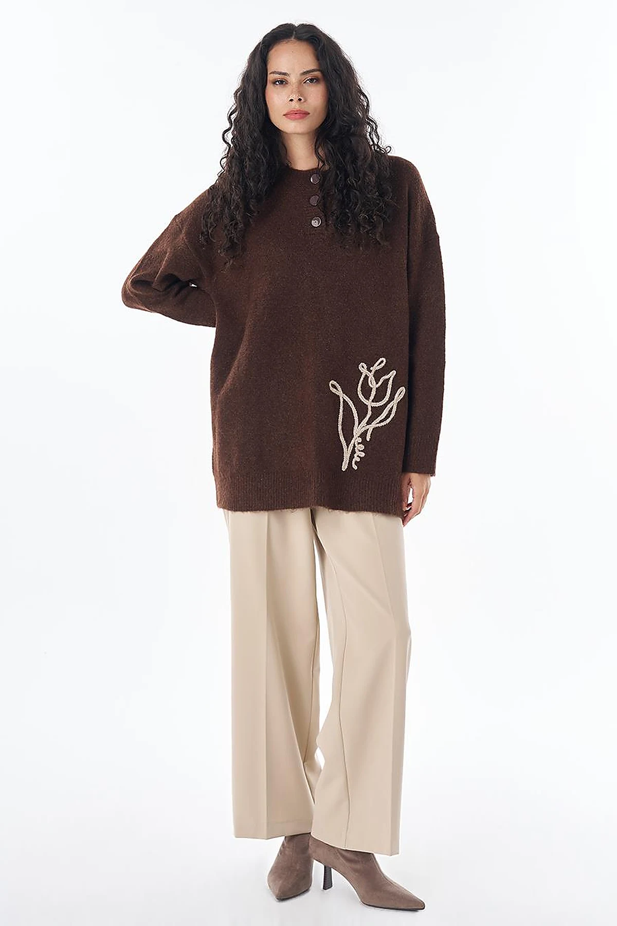 Tulip Embroidered Knit Tunic Dark Brown