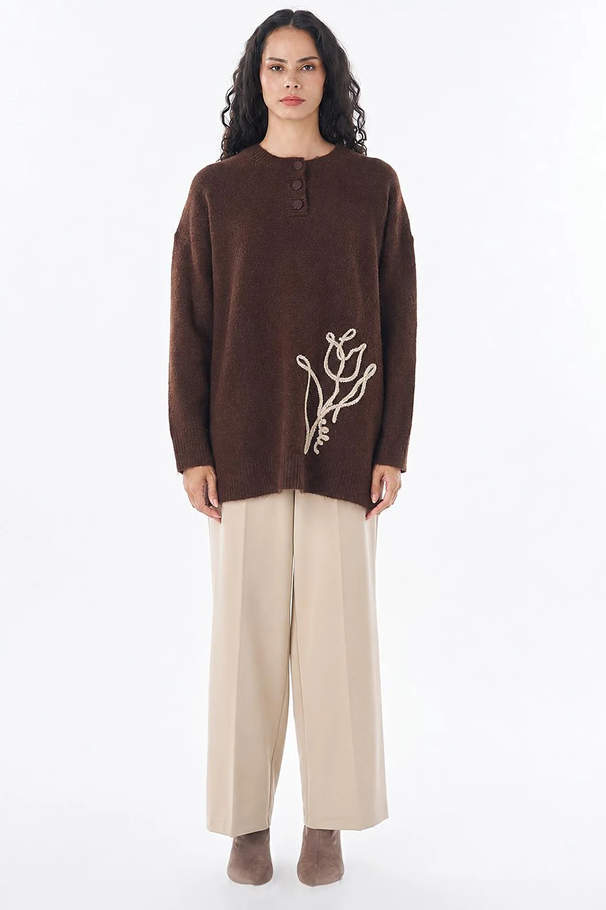 Tulip Embroidered Knit Tunic Dark Brown