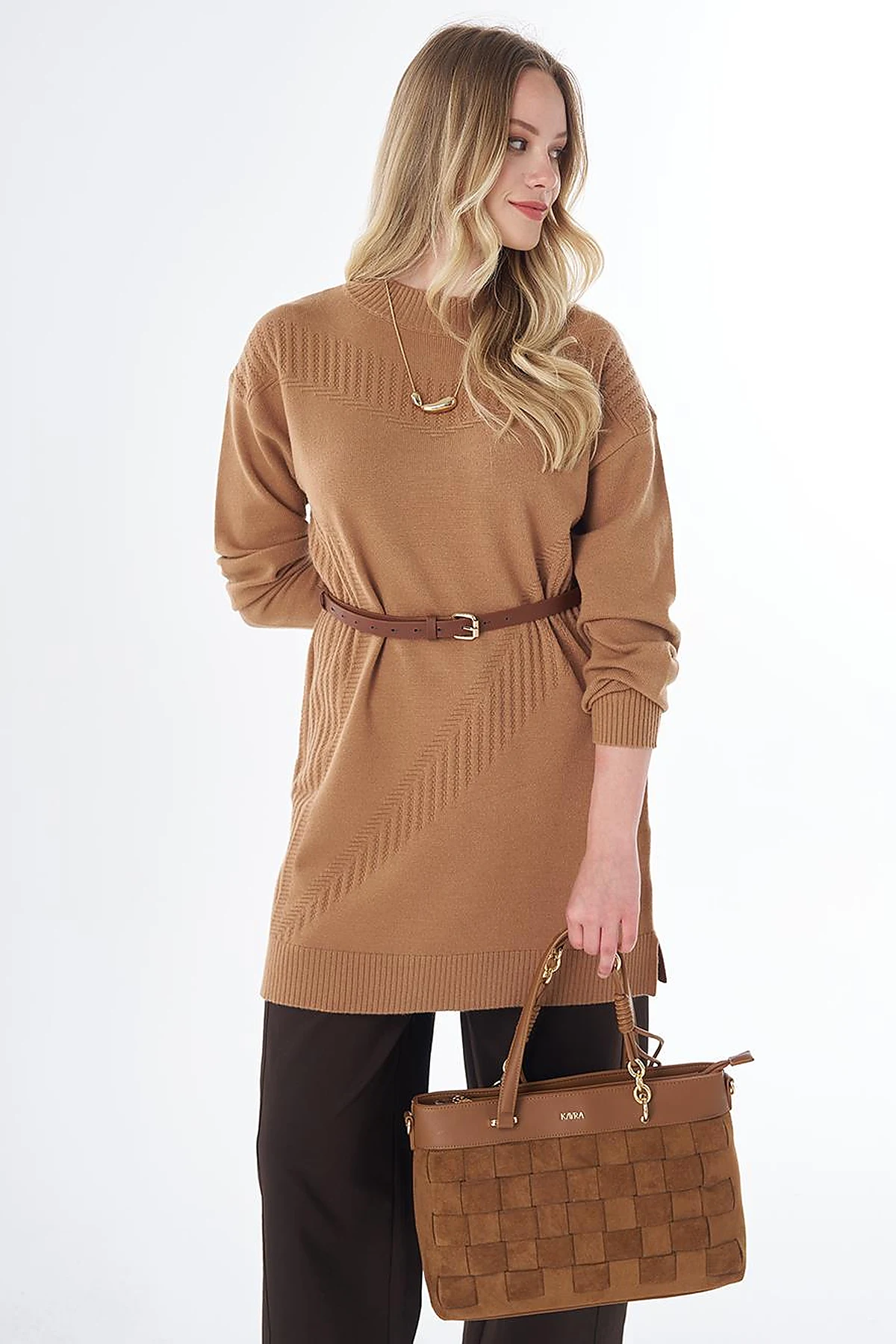 Patterned Cable Knit Tunic Camel