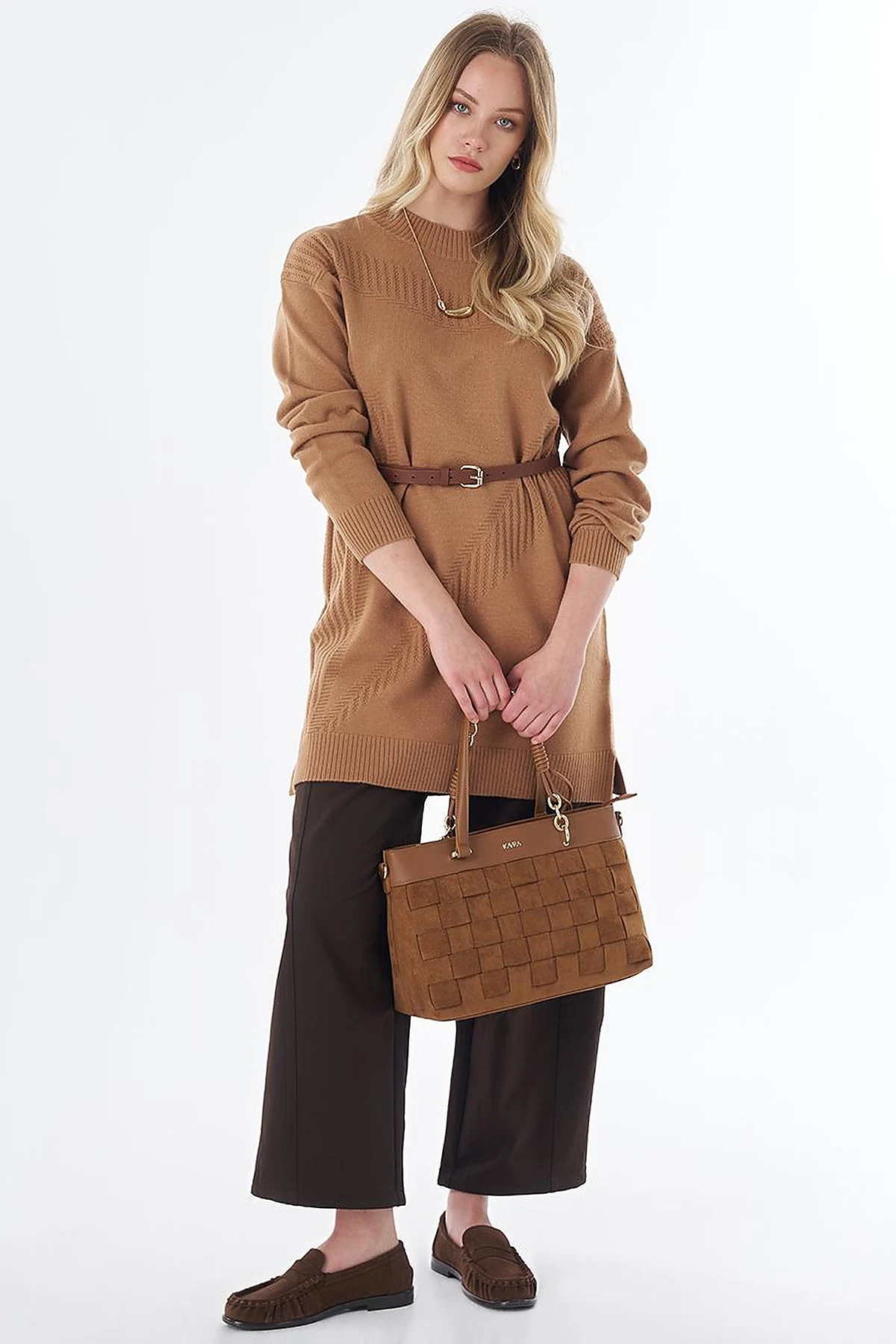 Patterned Cable Knit Tunic Camel