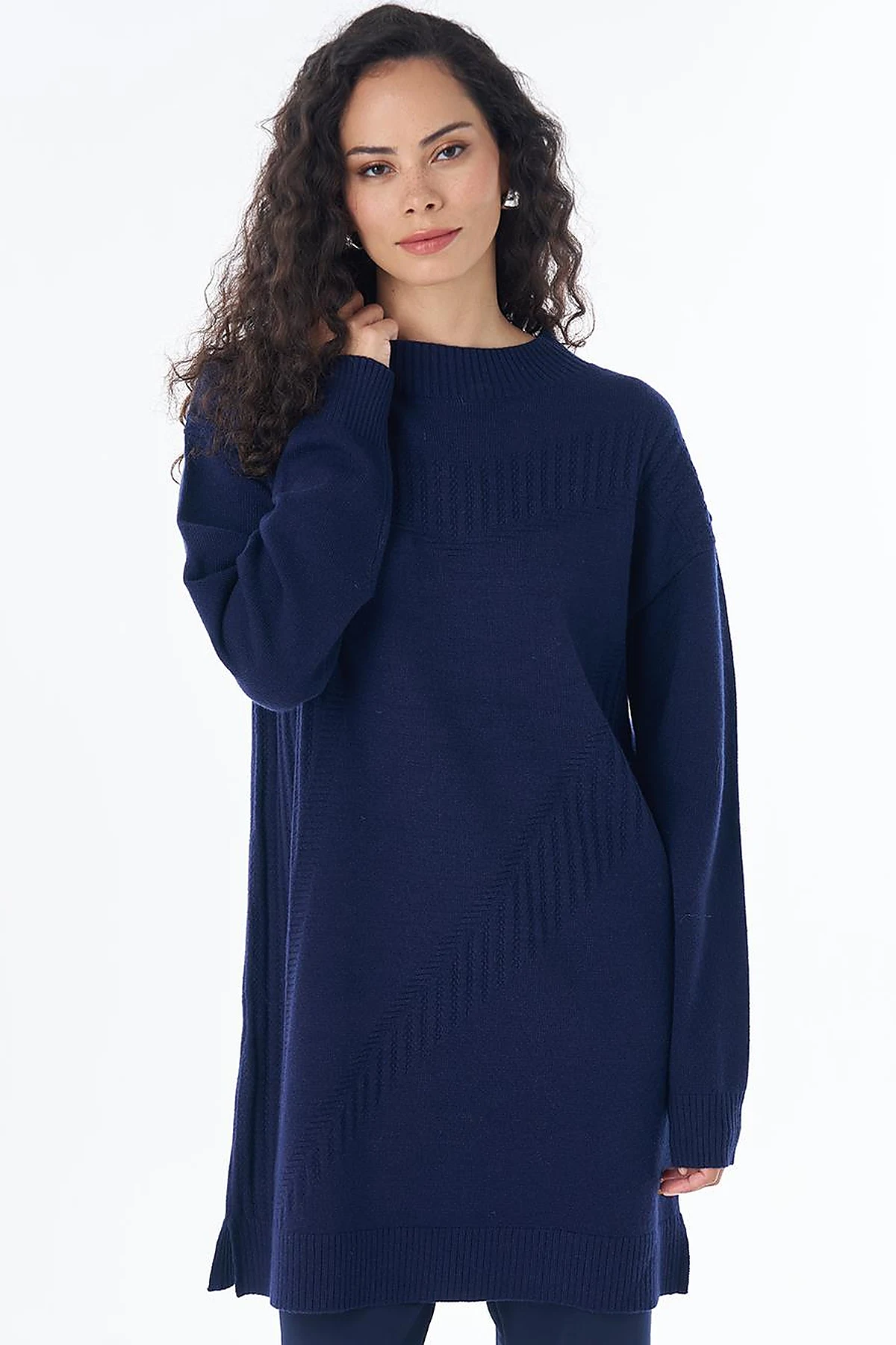 Patterned Cable Knit Tunic Navy