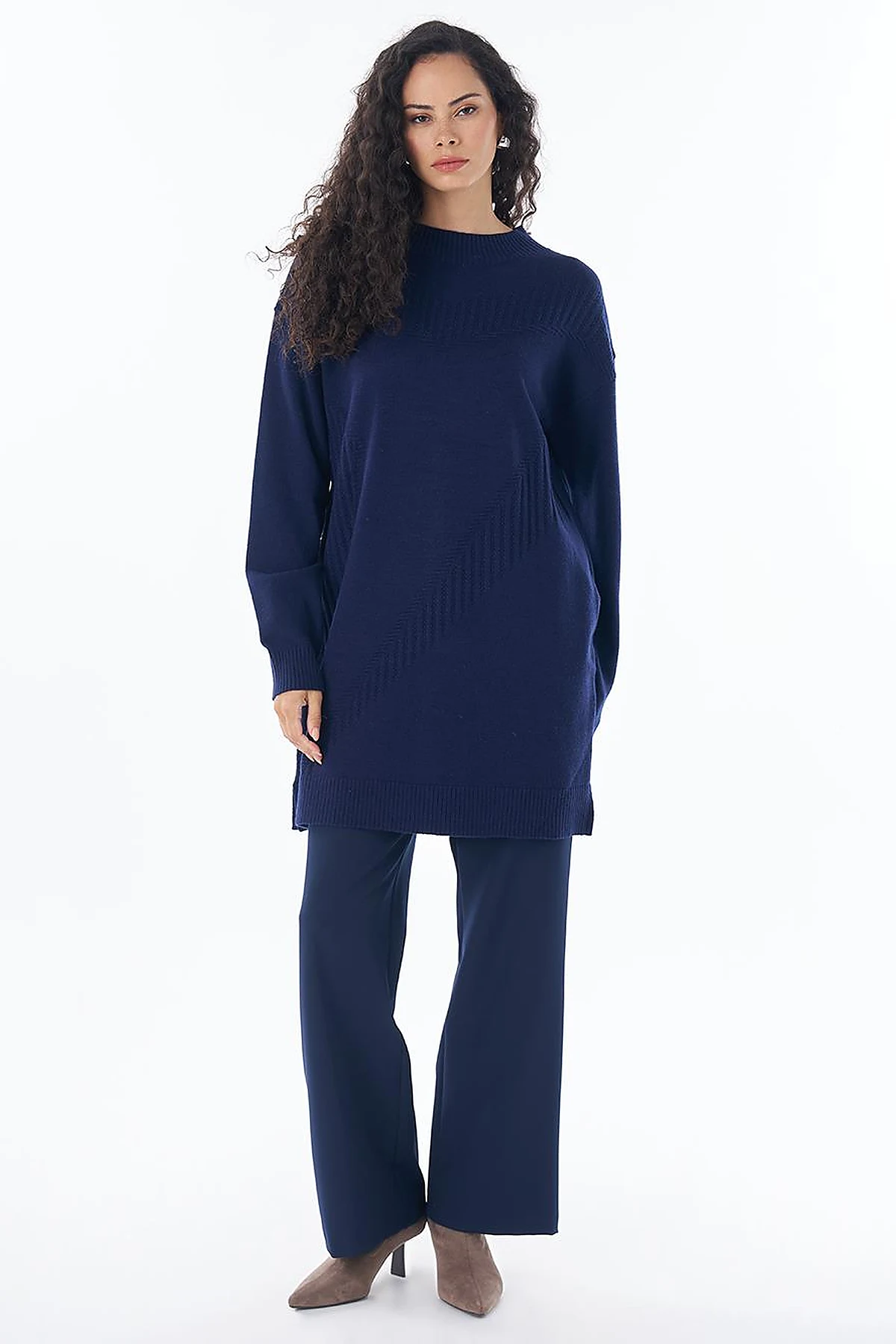 Patterned Cable Knit Tunic Navy