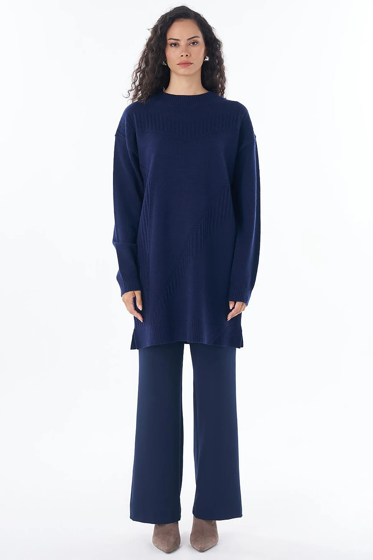 Patterned Cable Knit Tunic Navy