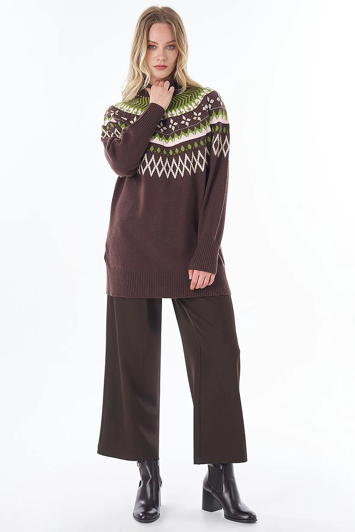 Mixed Pattern Knit Tunic Brown