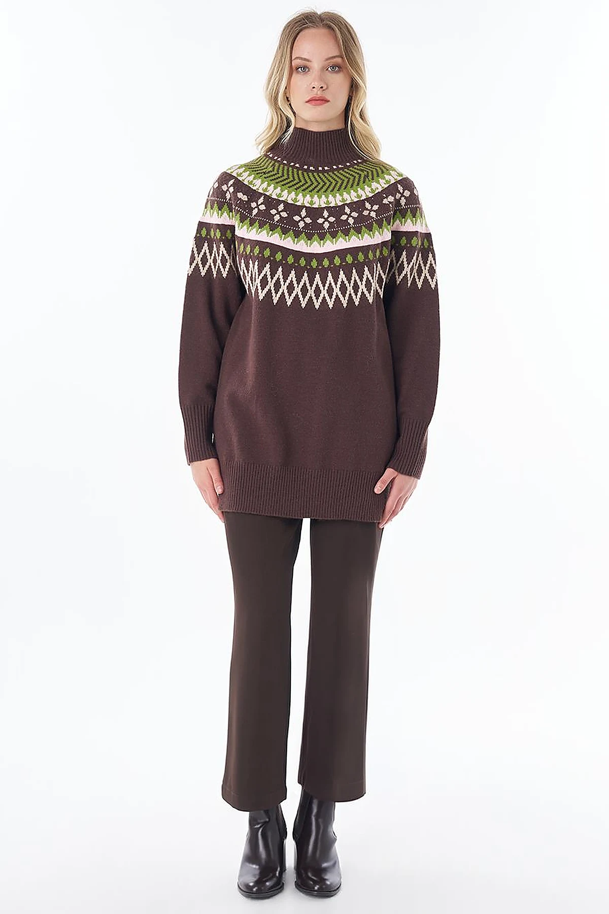 Mixed Pattern Knit Tunic Brown