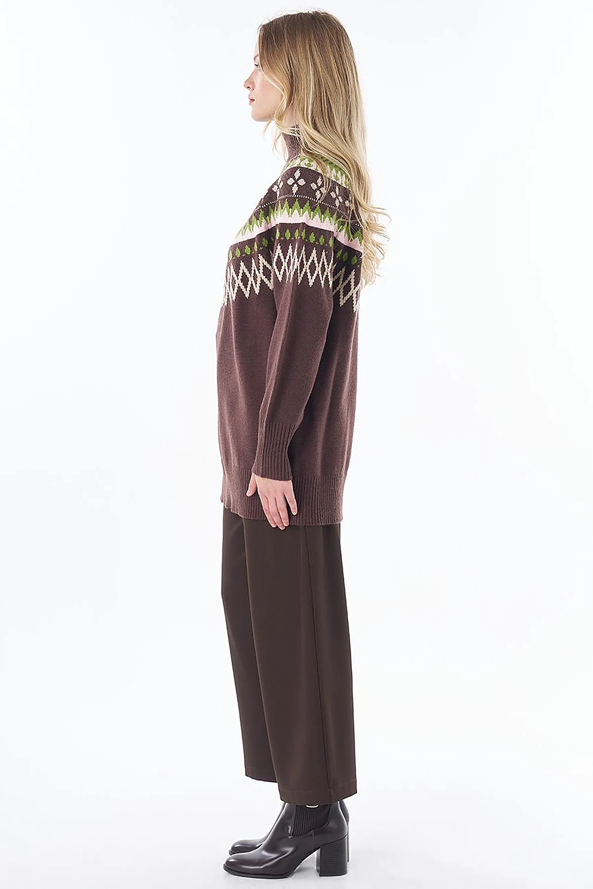 Mixed Pattern Knit Tunic Brown