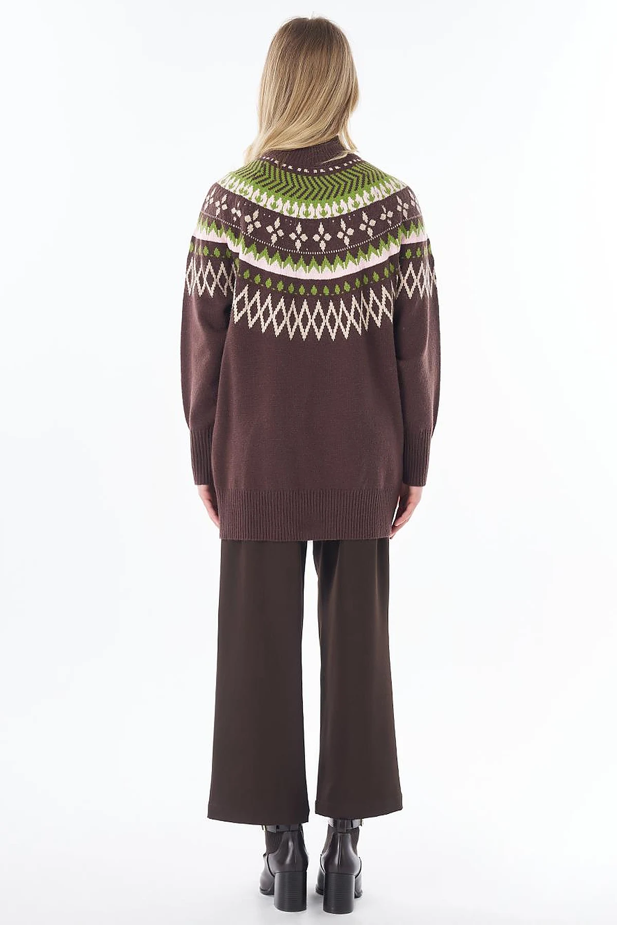 Mixed Pattern Knit Tunic Brown