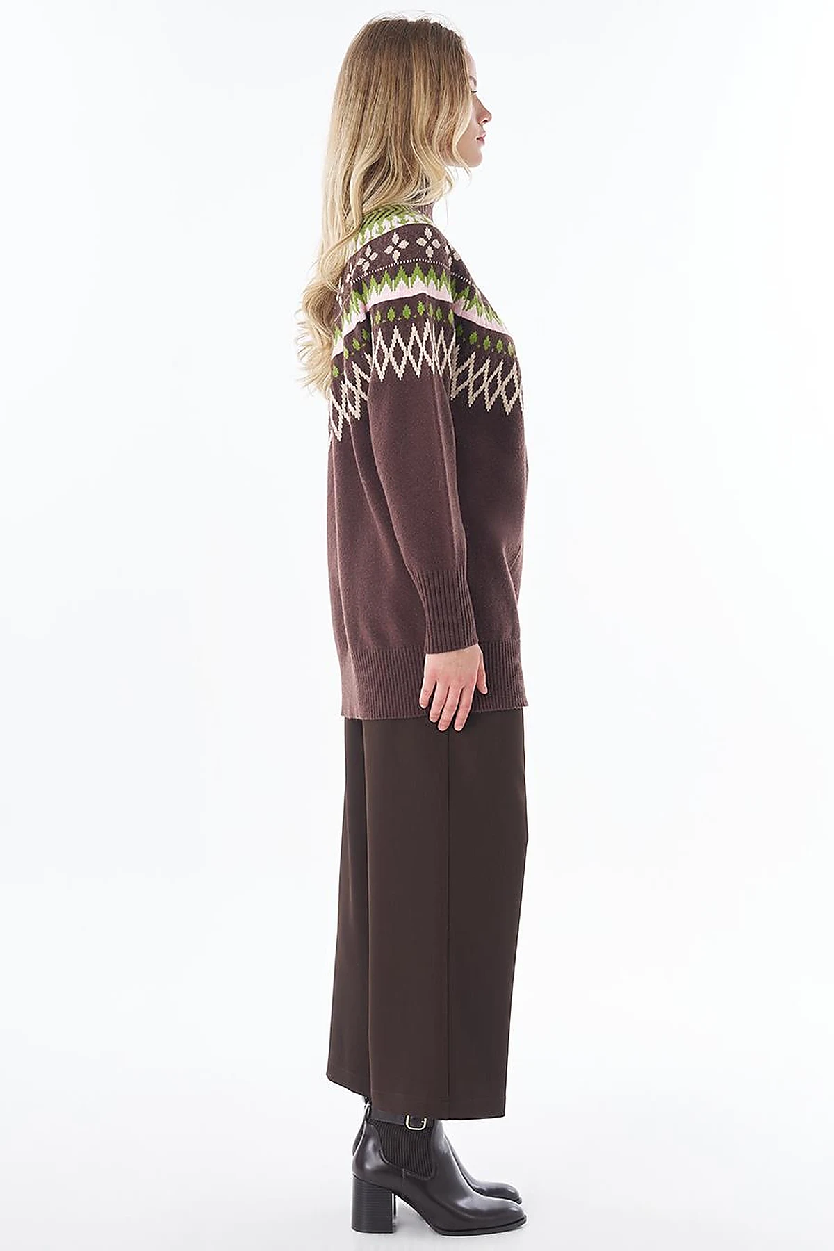 Mixed Pattern Knit Tunic Brown