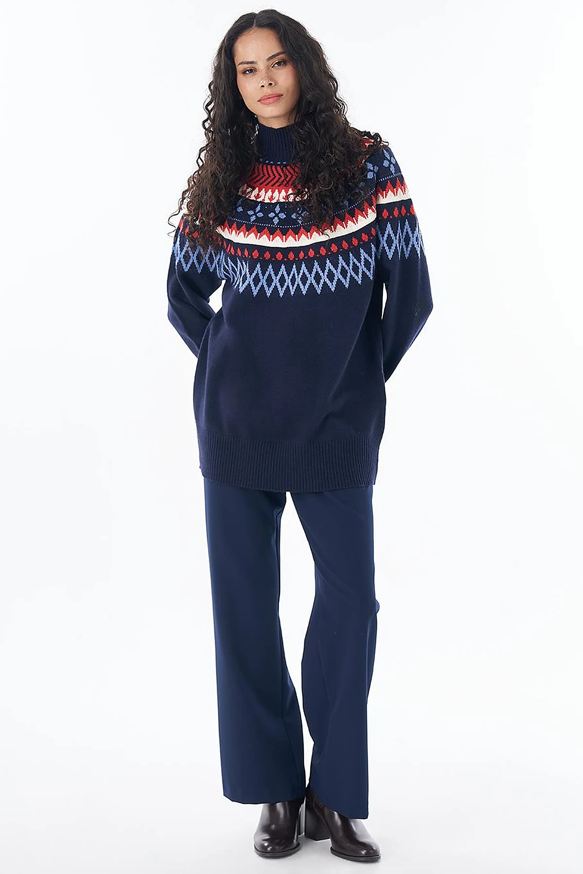 Mixed Pattern Knit Tunic Navy