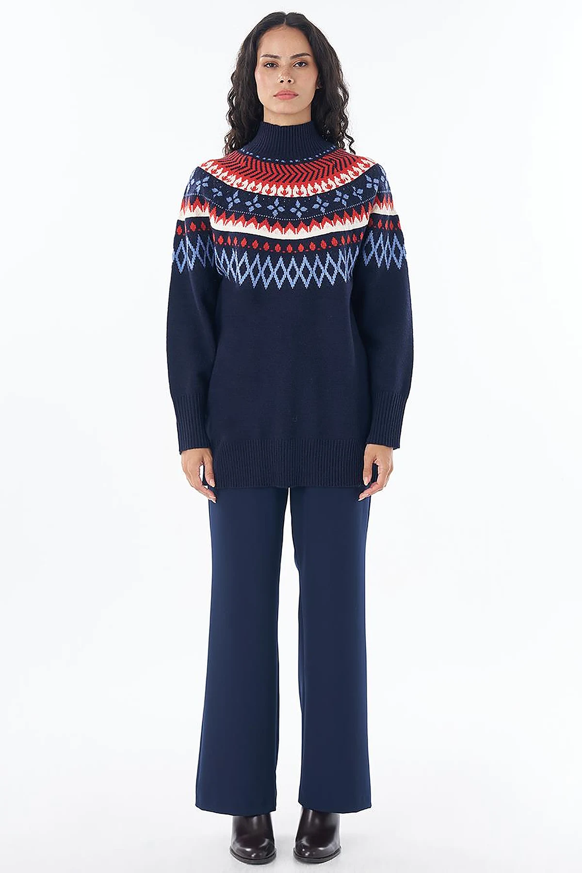 Mixed Pattern Knit Tunic Navy