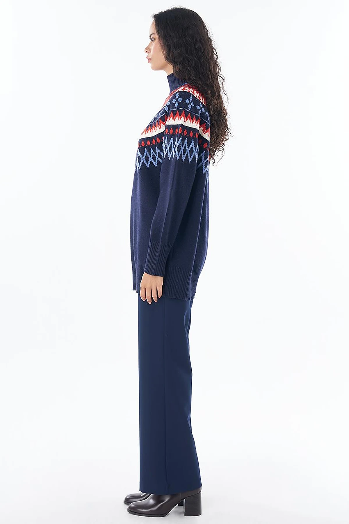 Mixed Pattern Knit Tunic Navy