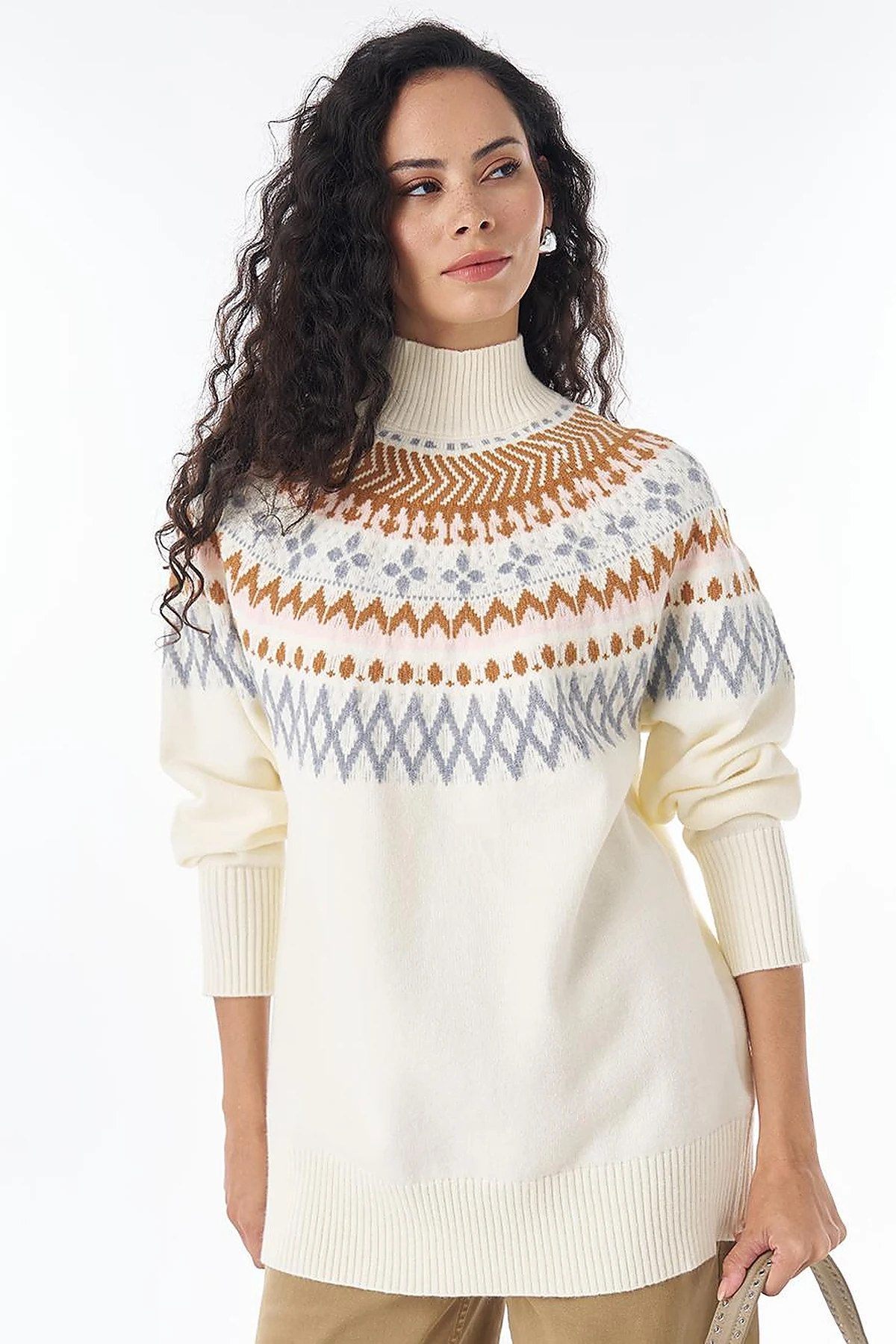 Mixed Pattern Knit Tunic Cream