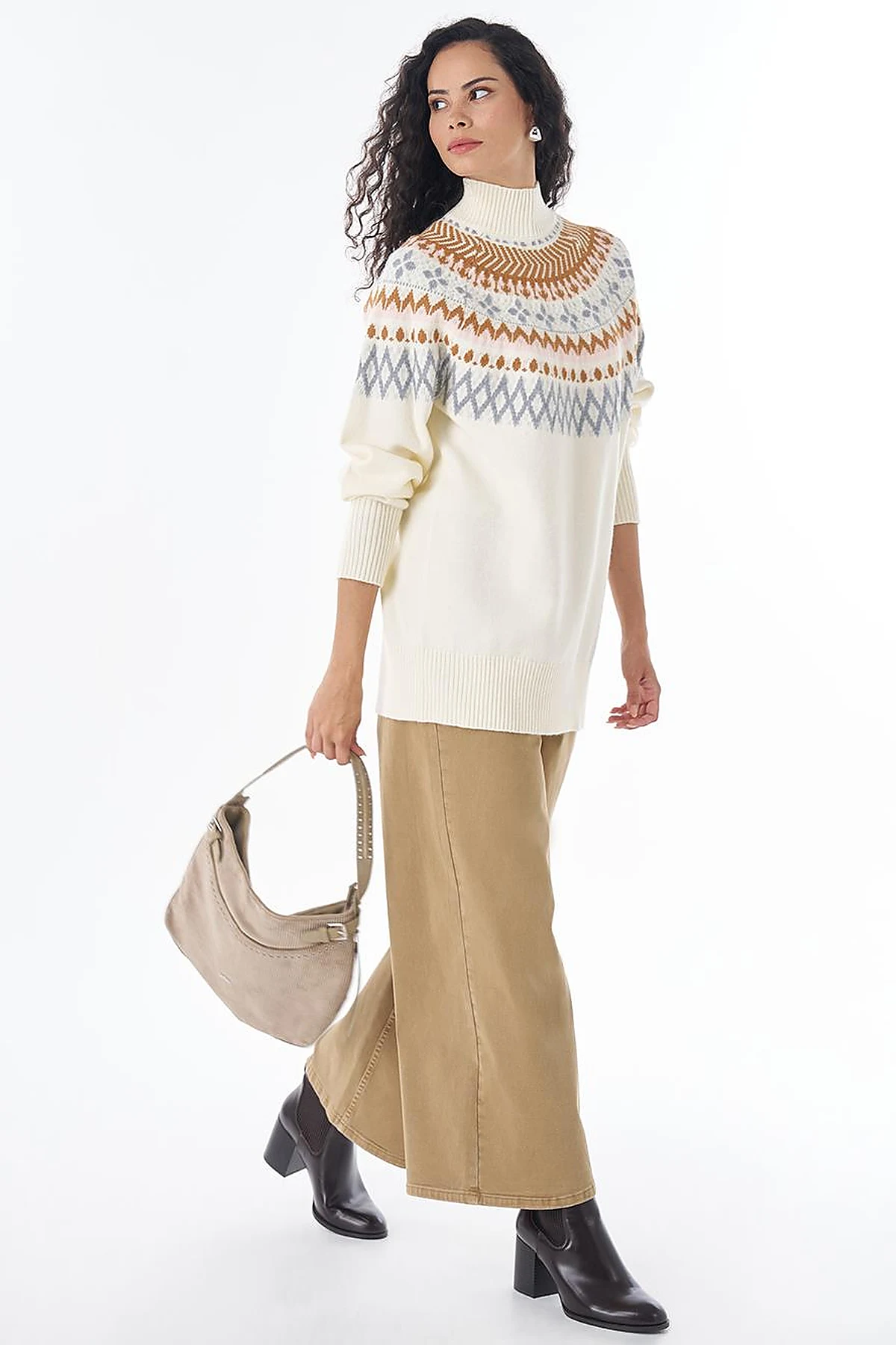 Mixed Pattern Knit Tunic Cream