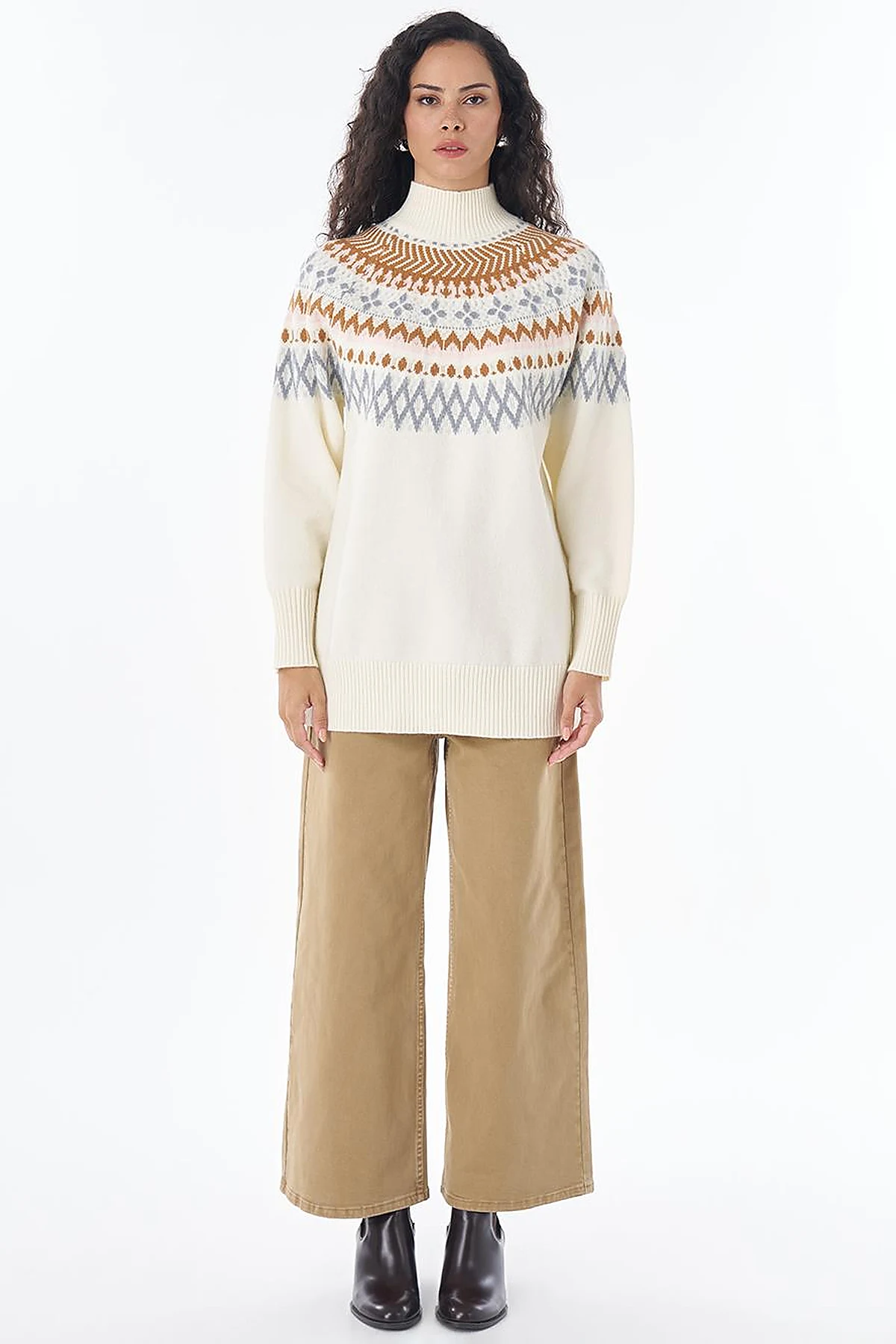 Mixed Pattern Knit Tunic Cream