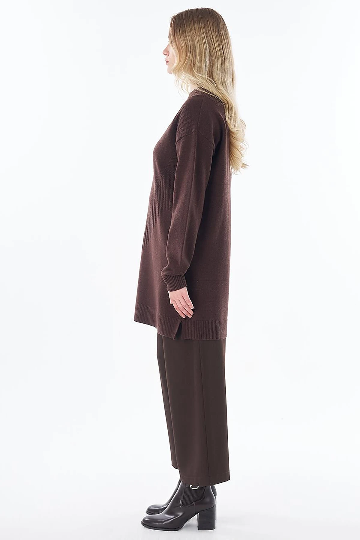 Patterned Cable Knit Tunic Brown