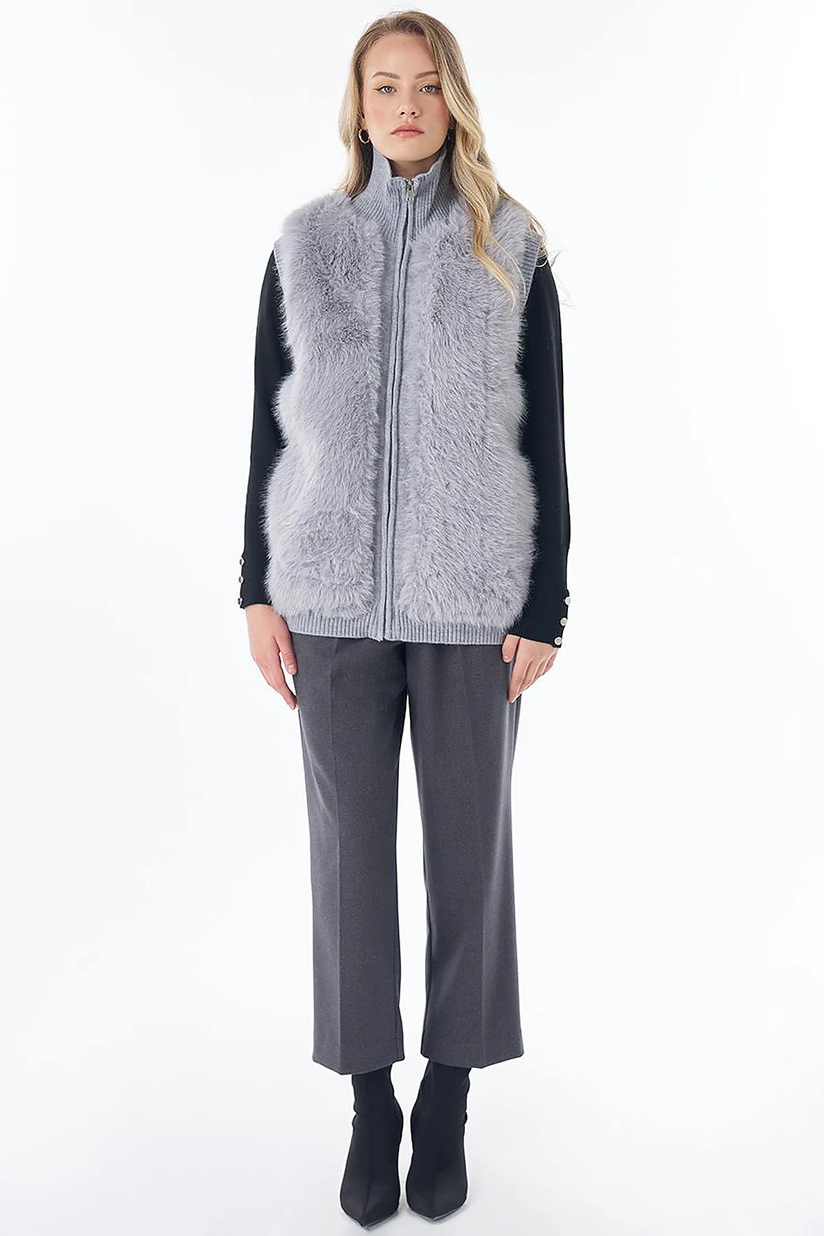 Stand Collar Faux Fur Detail Vest Grey 