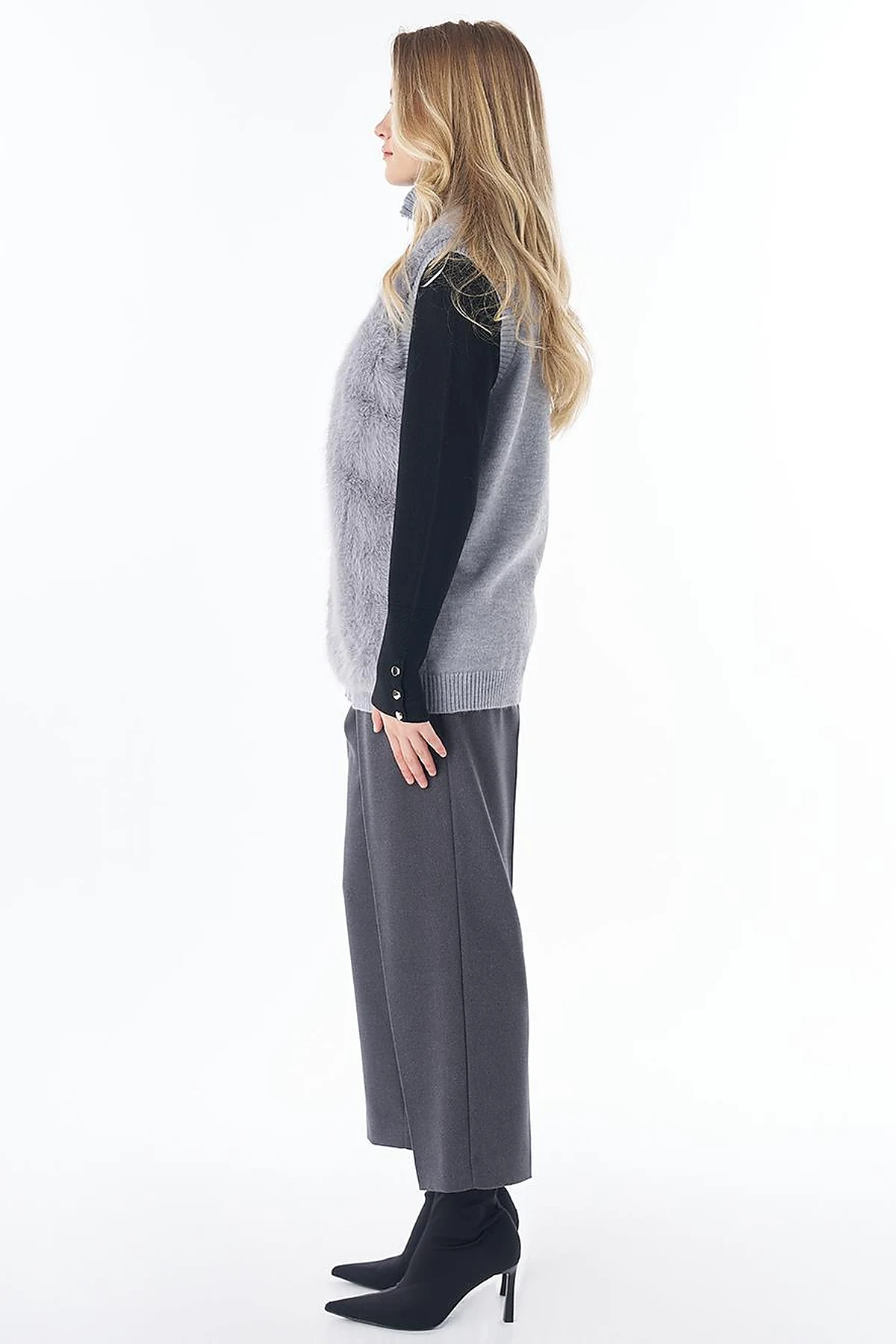 Stand Collar Faux Fur Detail Vest Grey 
