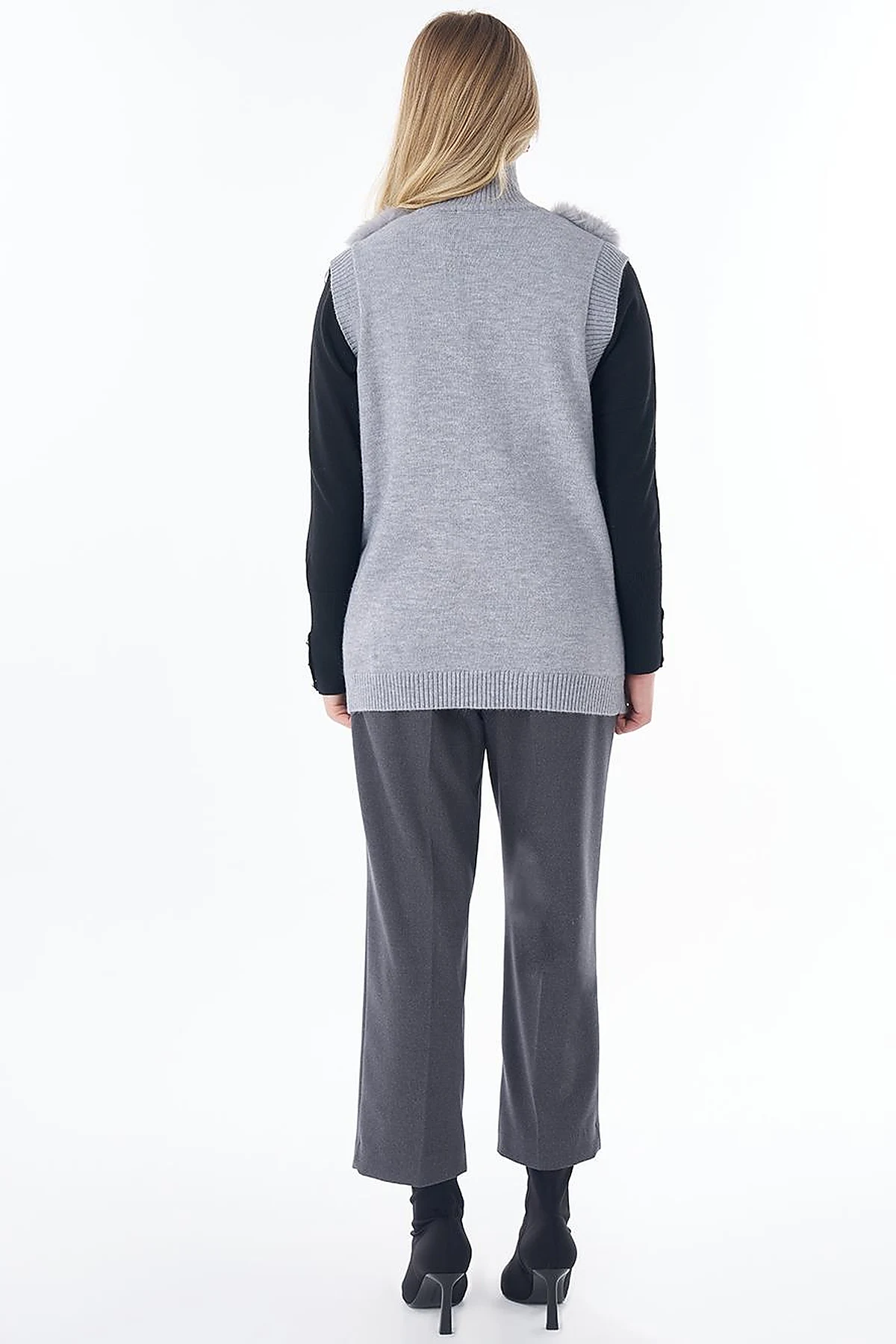Stand Collar Faux Fur Detail Vest Grey 