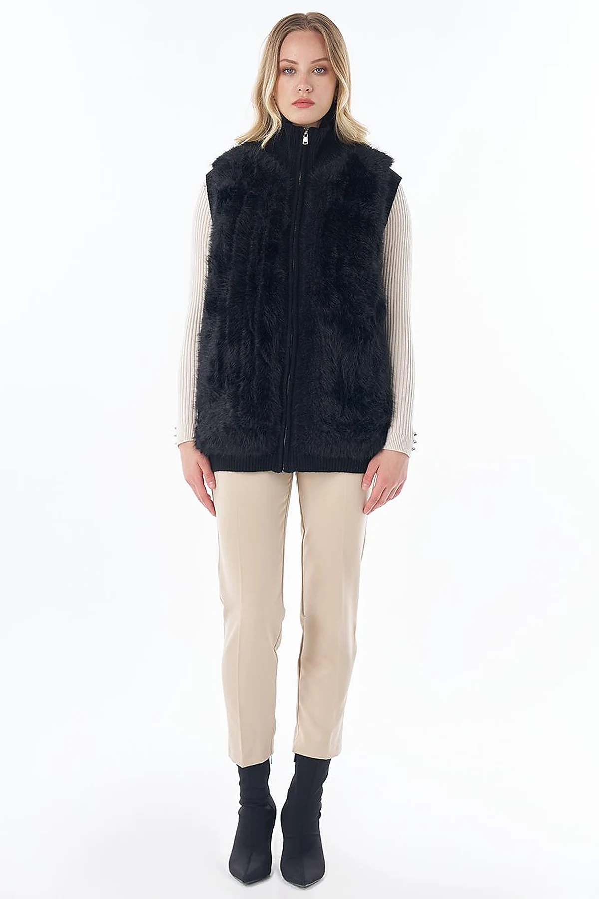 Stand Collar Faux Fur Detail Vest Black