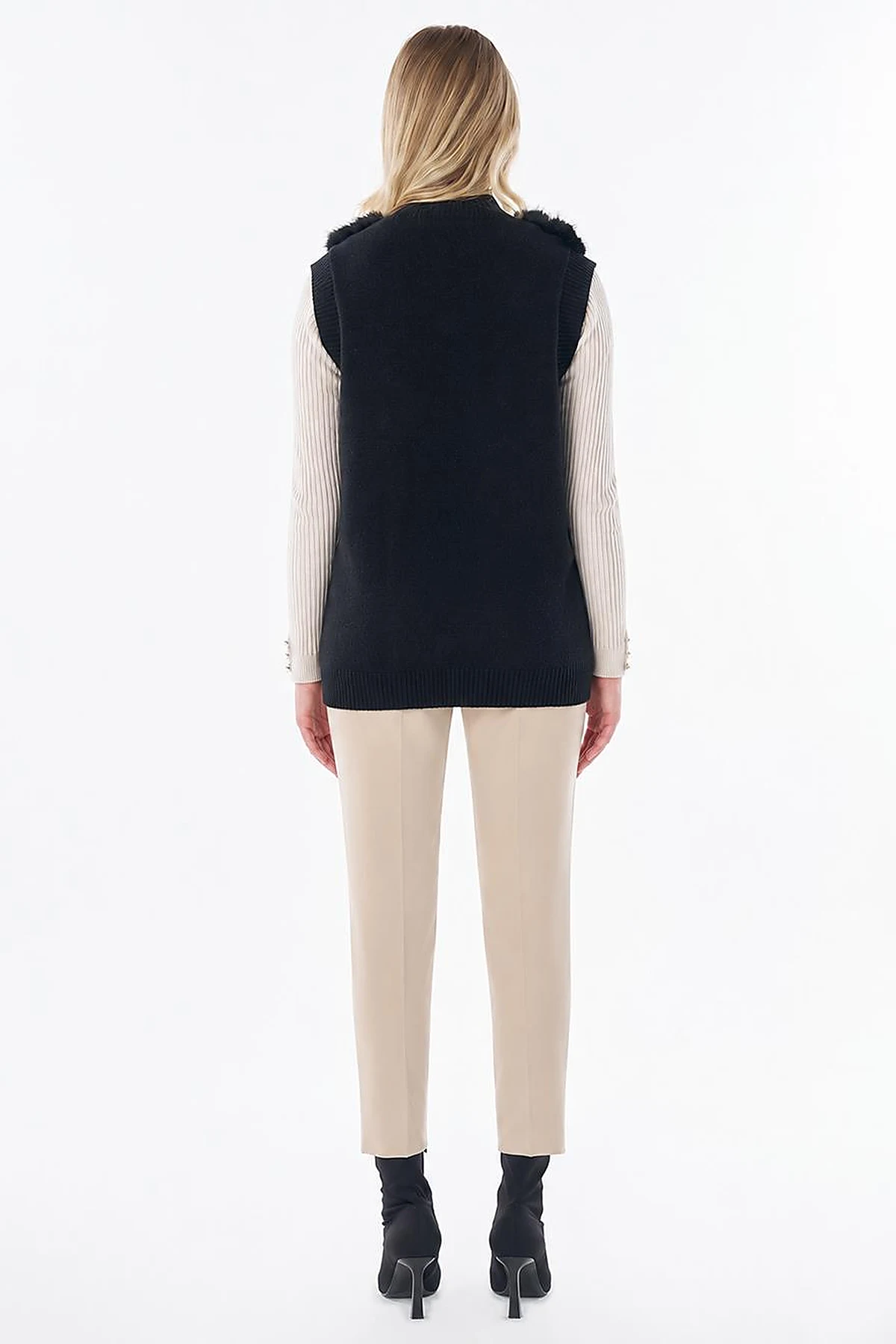 Stand Collar Faux Fur Detail Vest Black