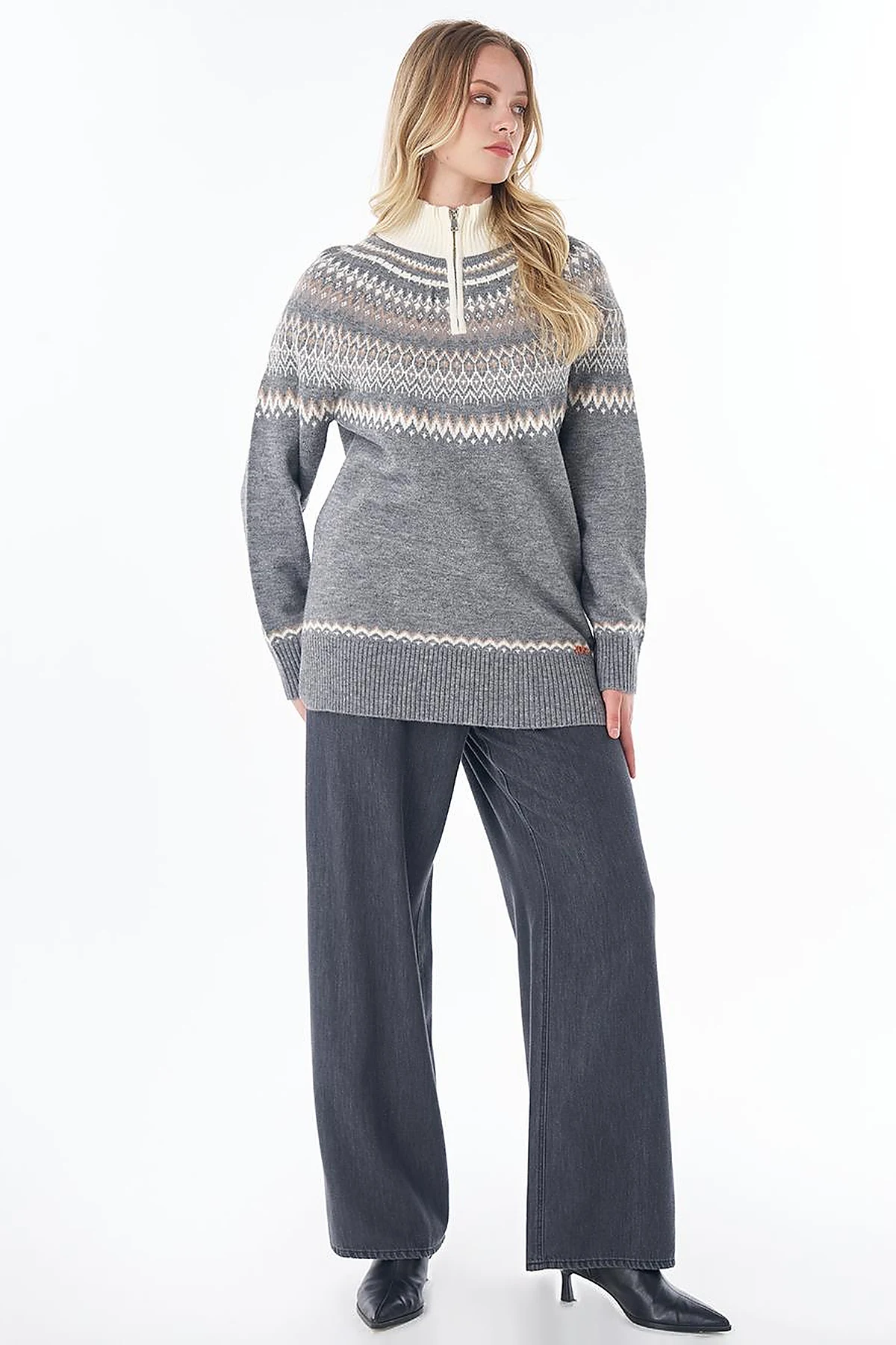 Zip-Neck Knit Tunic Gray