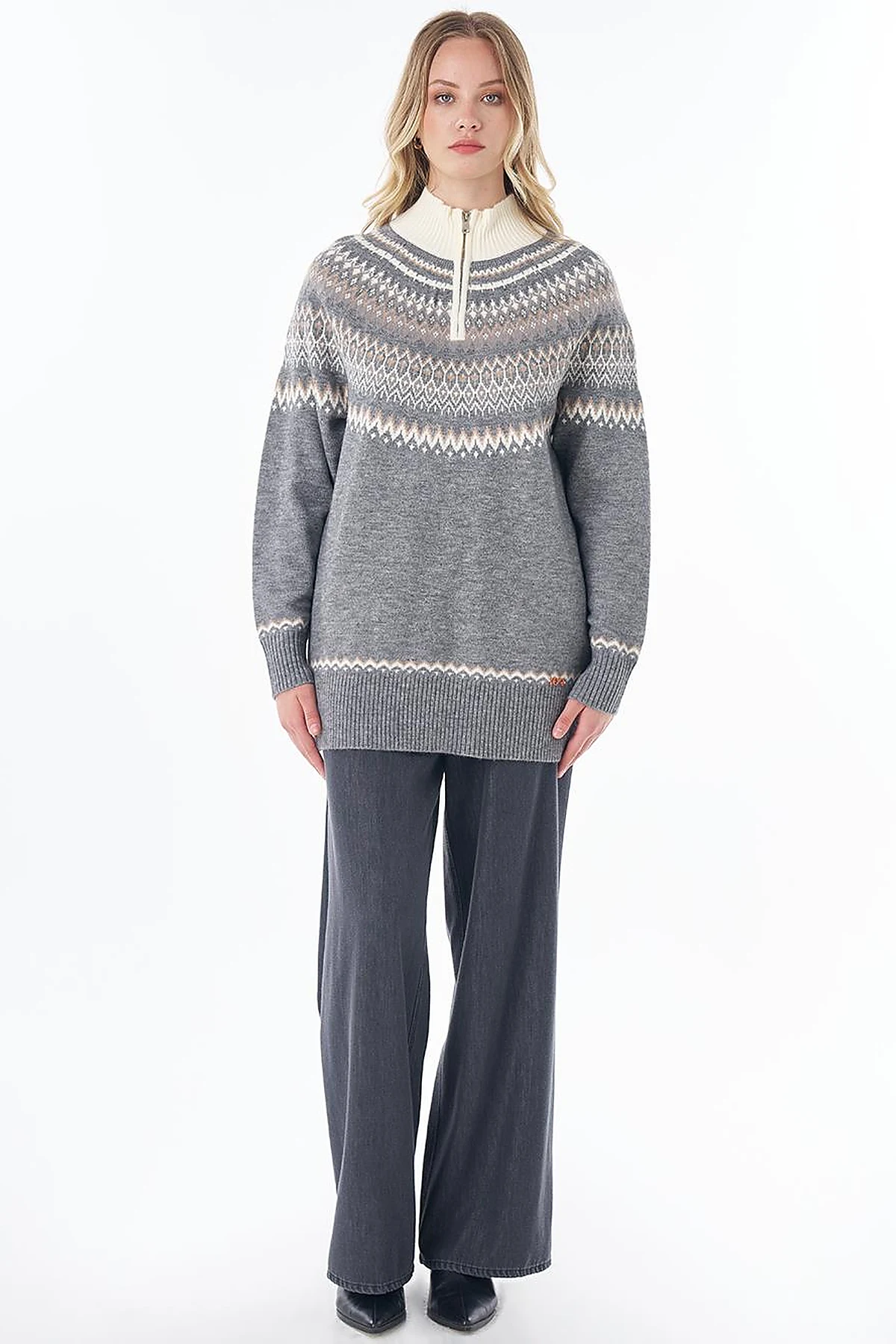 Zip-Neck Knit Tunic Gray