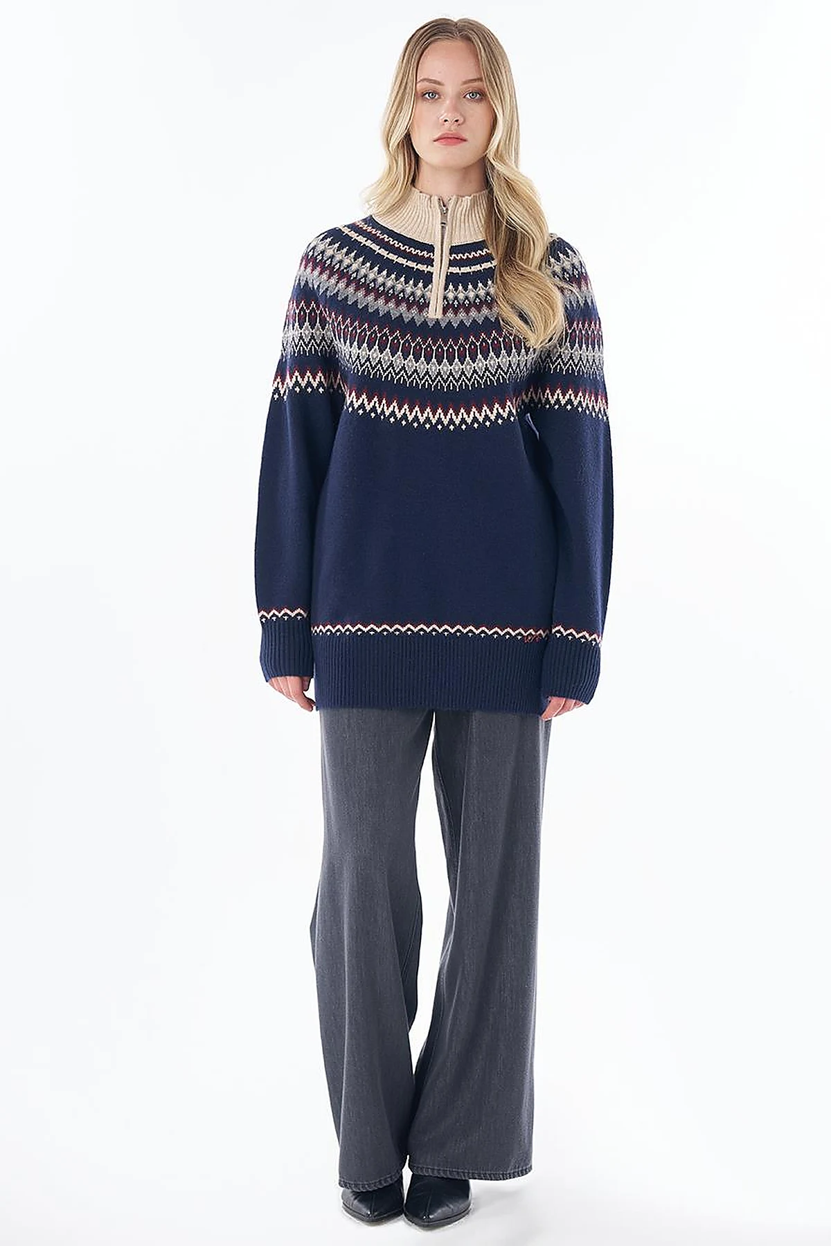 Zip-Neck Knit Tunic Navy