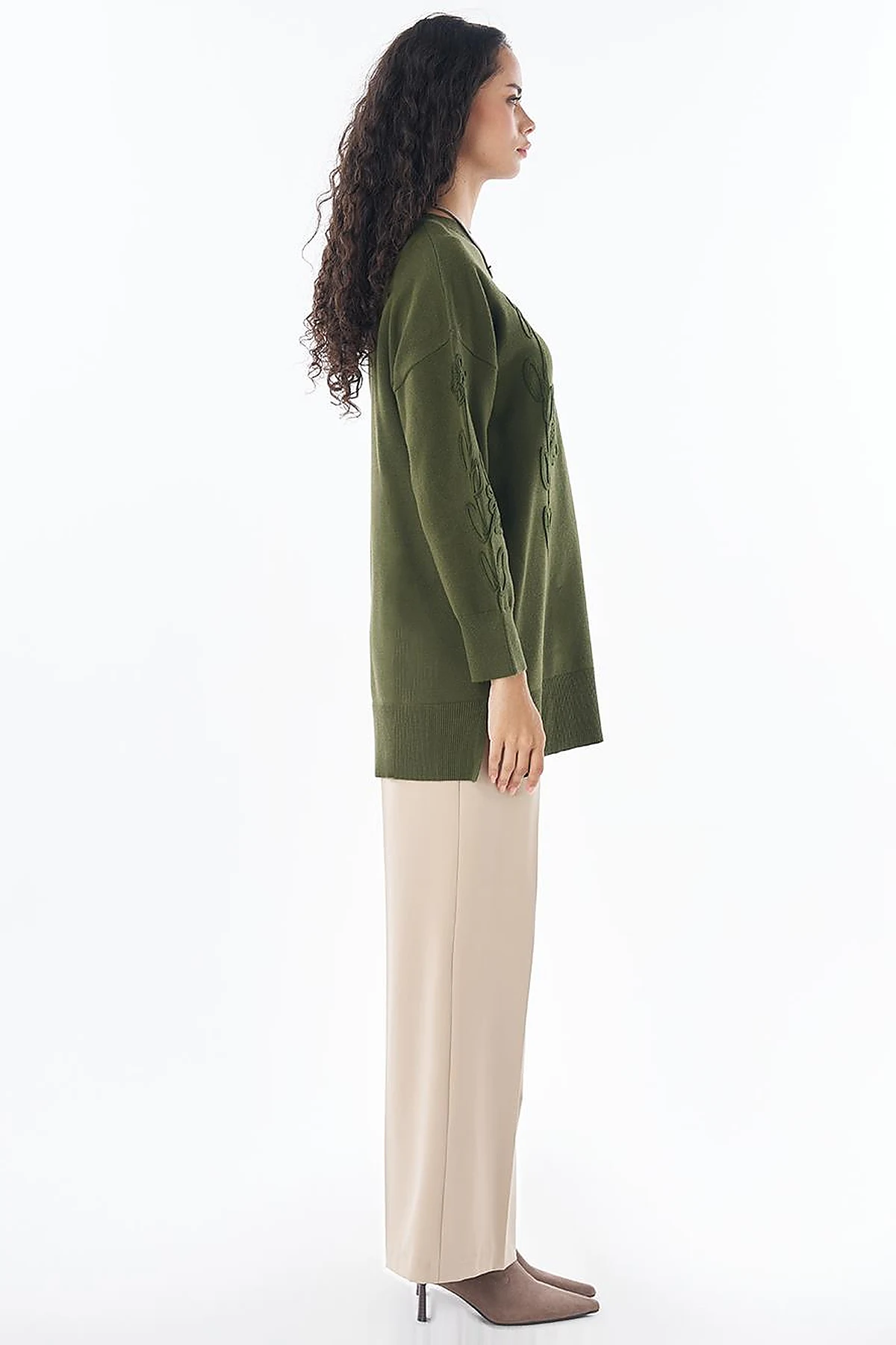 Nakış Aplikeli Triko Tunik Yeşil