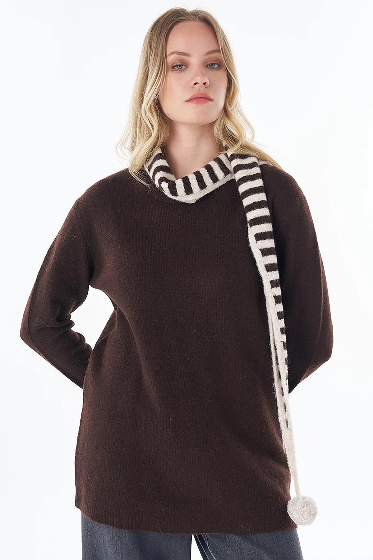 Scarf-Detail Knit Tunic Brown 