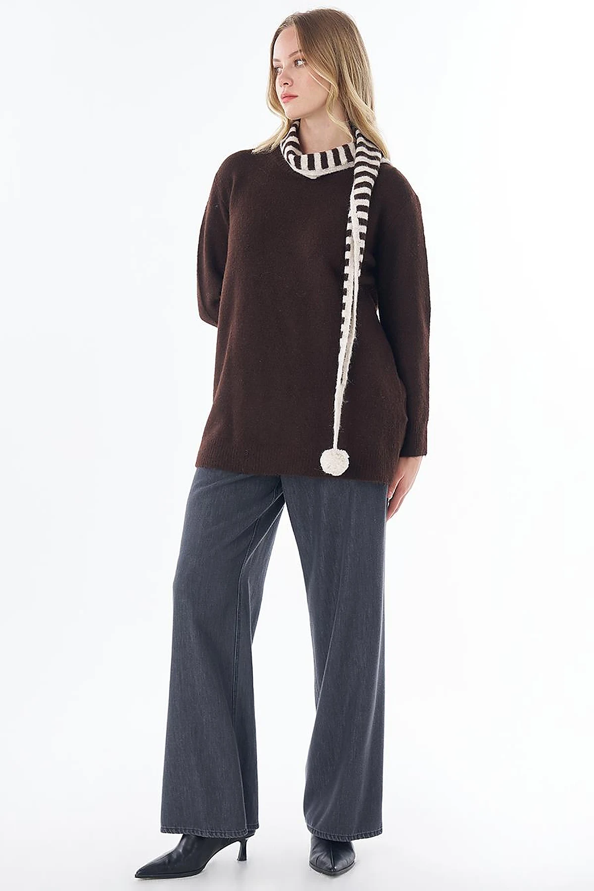Scarf-Detail Knit Tunic Brown 