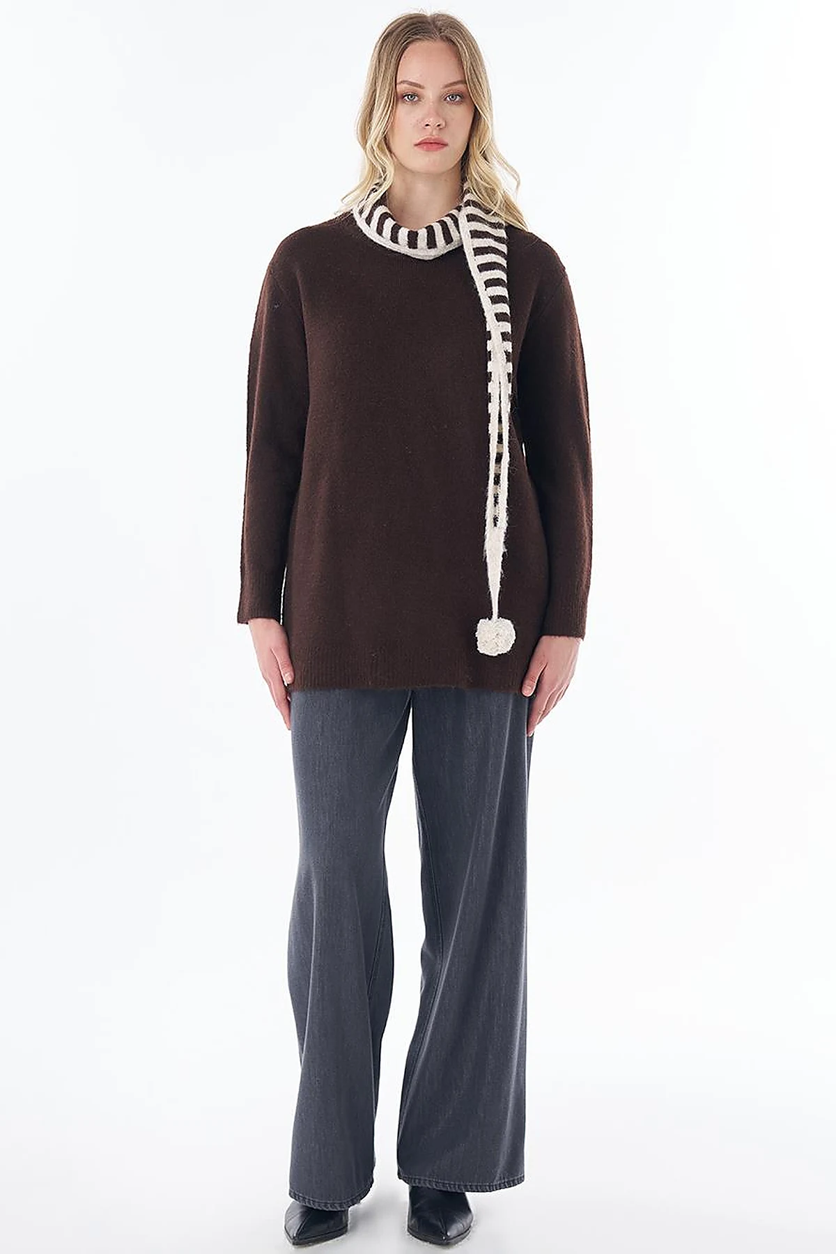 Scarf-Detail Knit Tunic Brown 