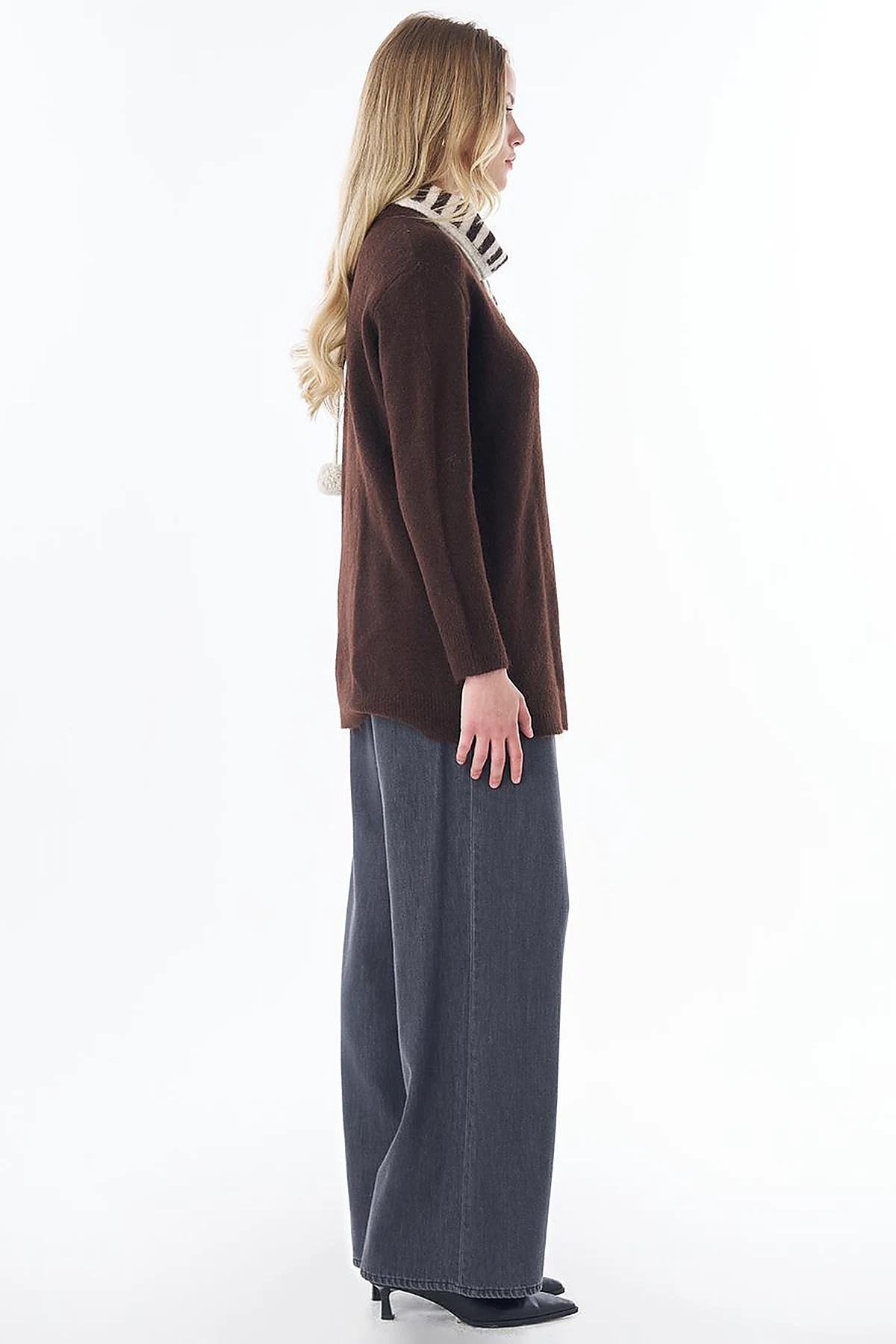 Scarf-Detail Knit Tunic Brown 