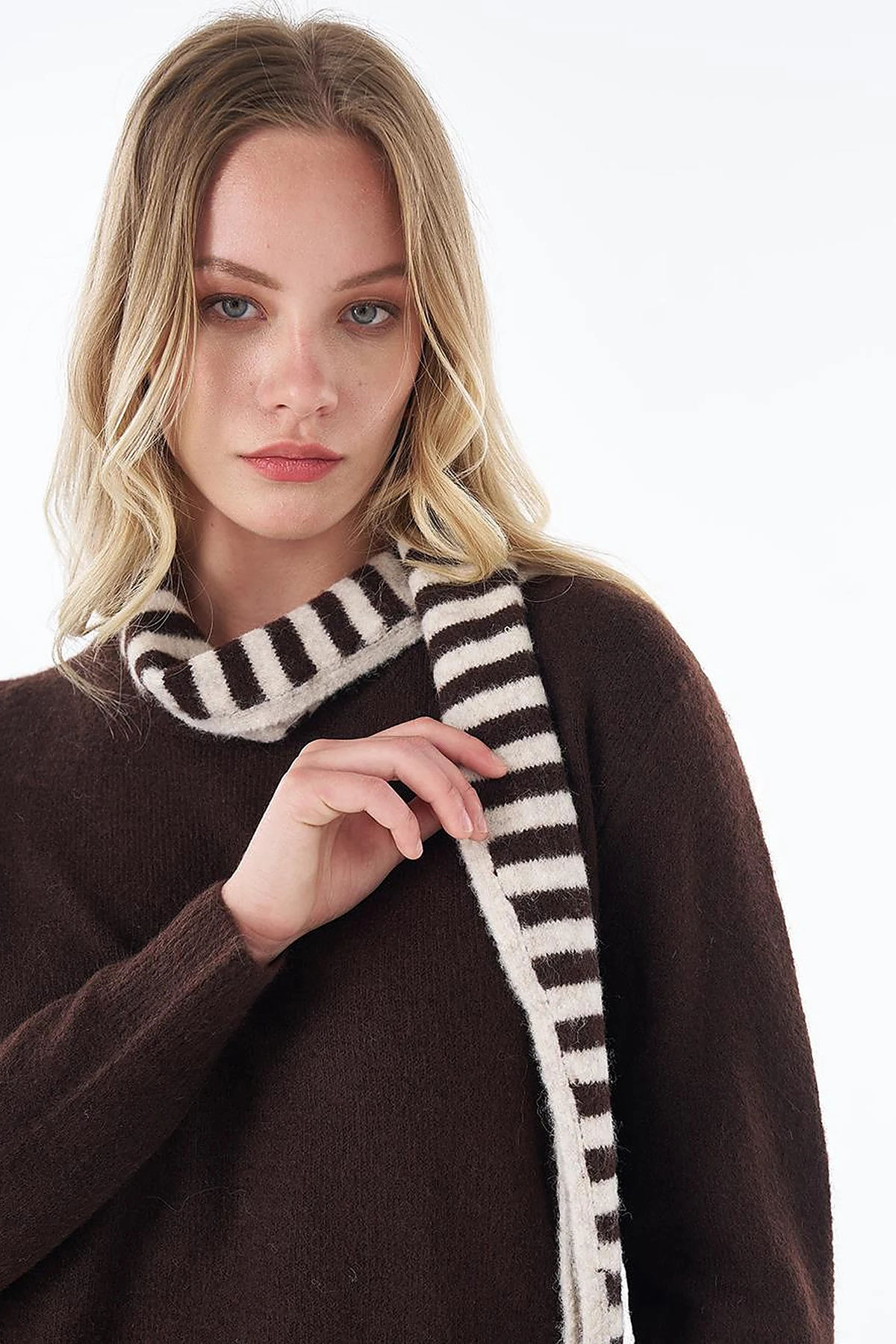 Scarf-Detail Knit Tunic Brown 