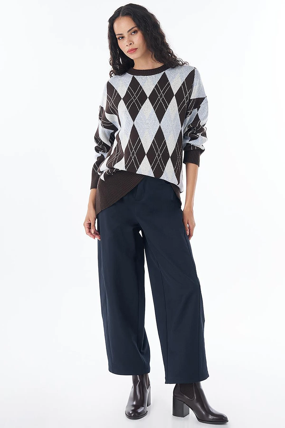 Diamond Pattern Knit Tunic Brown 