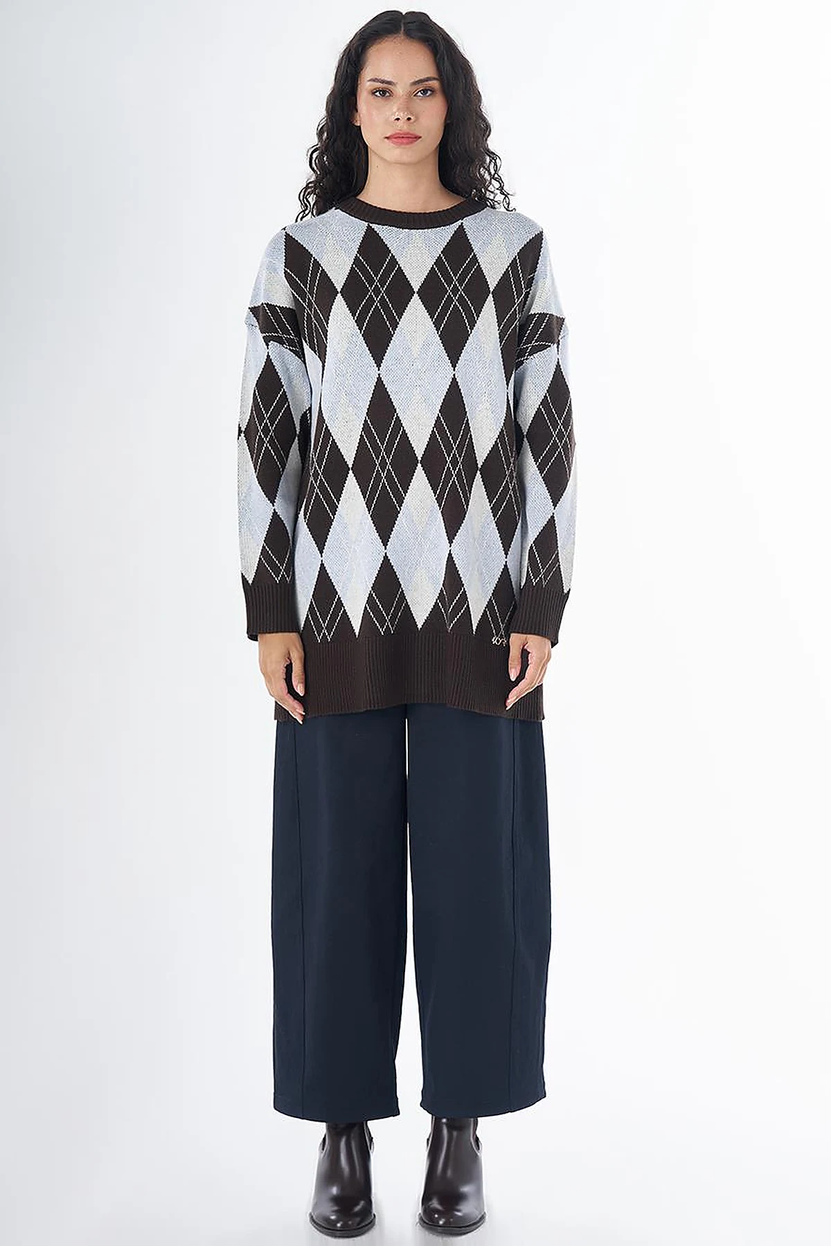 Diamond Pattern Knit Tunic Brown 