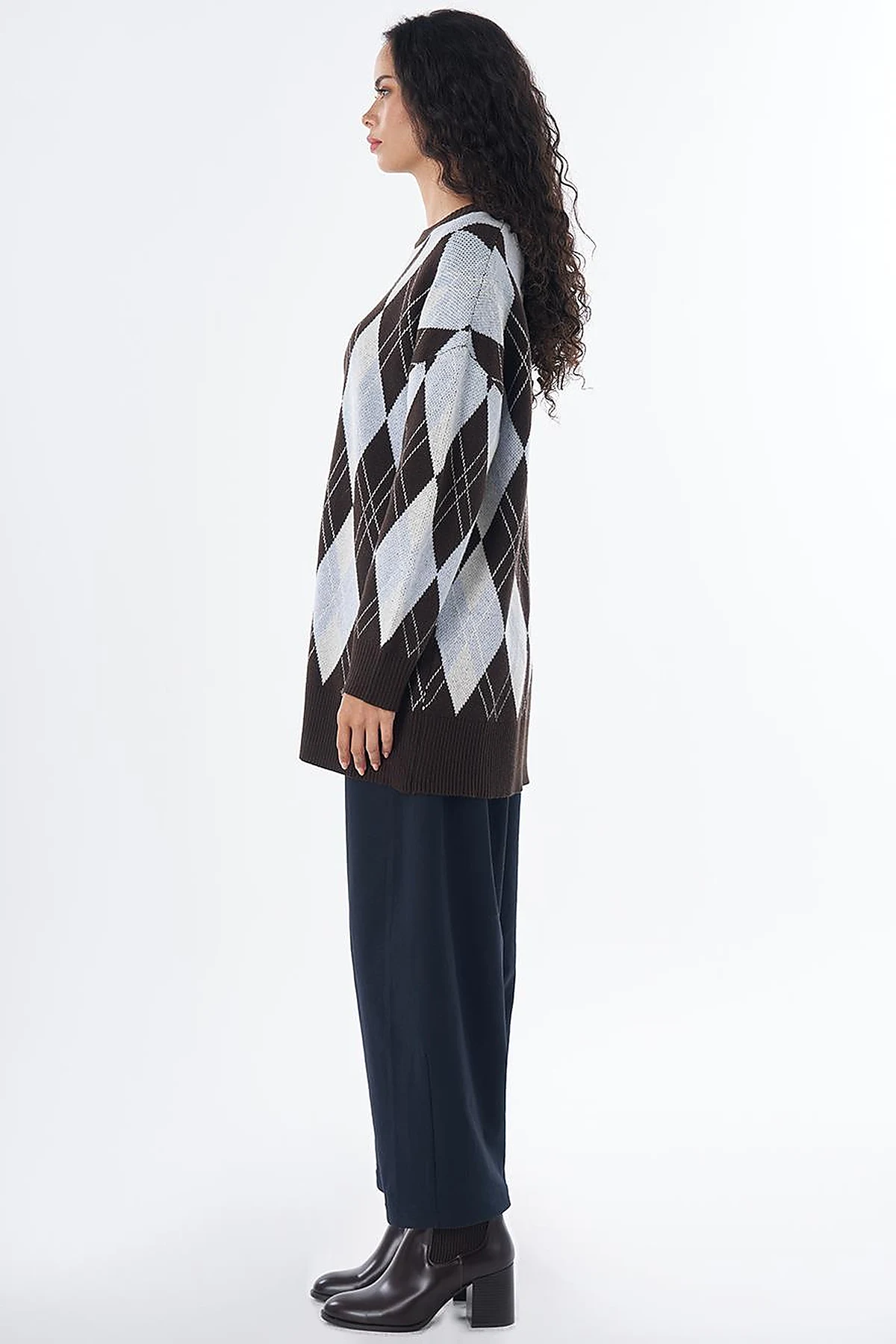 Diamond Pattern Knit Tunic Brown 