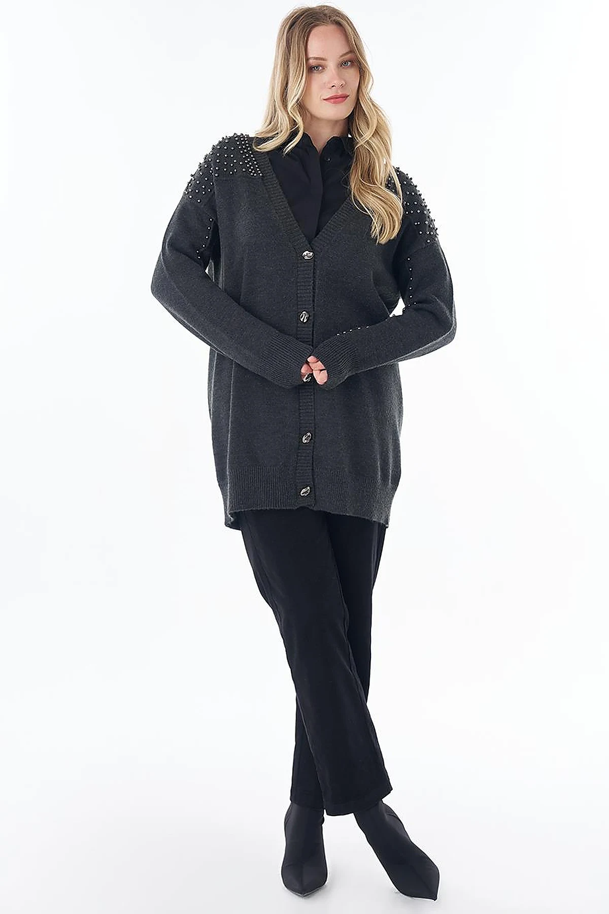 Embroidered Knit Cardigan Anthracite 