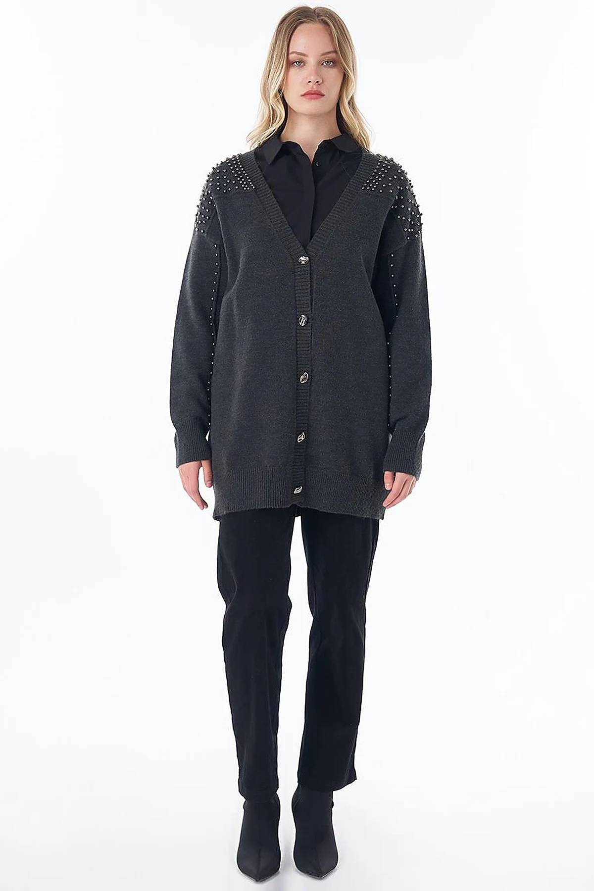 Embroidered Knit Cardigan Anthracite 